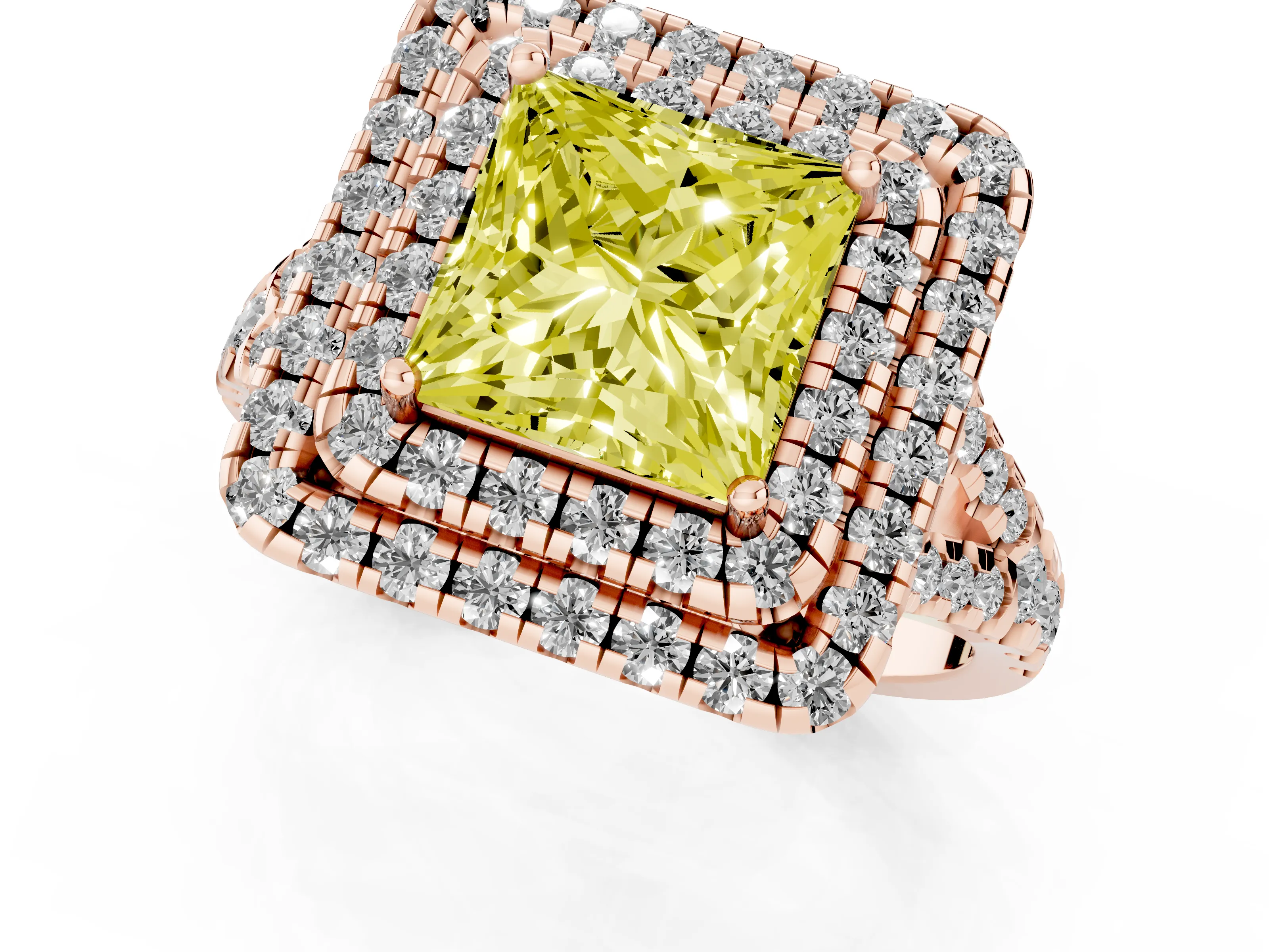Fancy Yellow Princess Cut Diamond Double Halo Ring Set in Rose gold with Pavé Split Shank and Prong Setting
