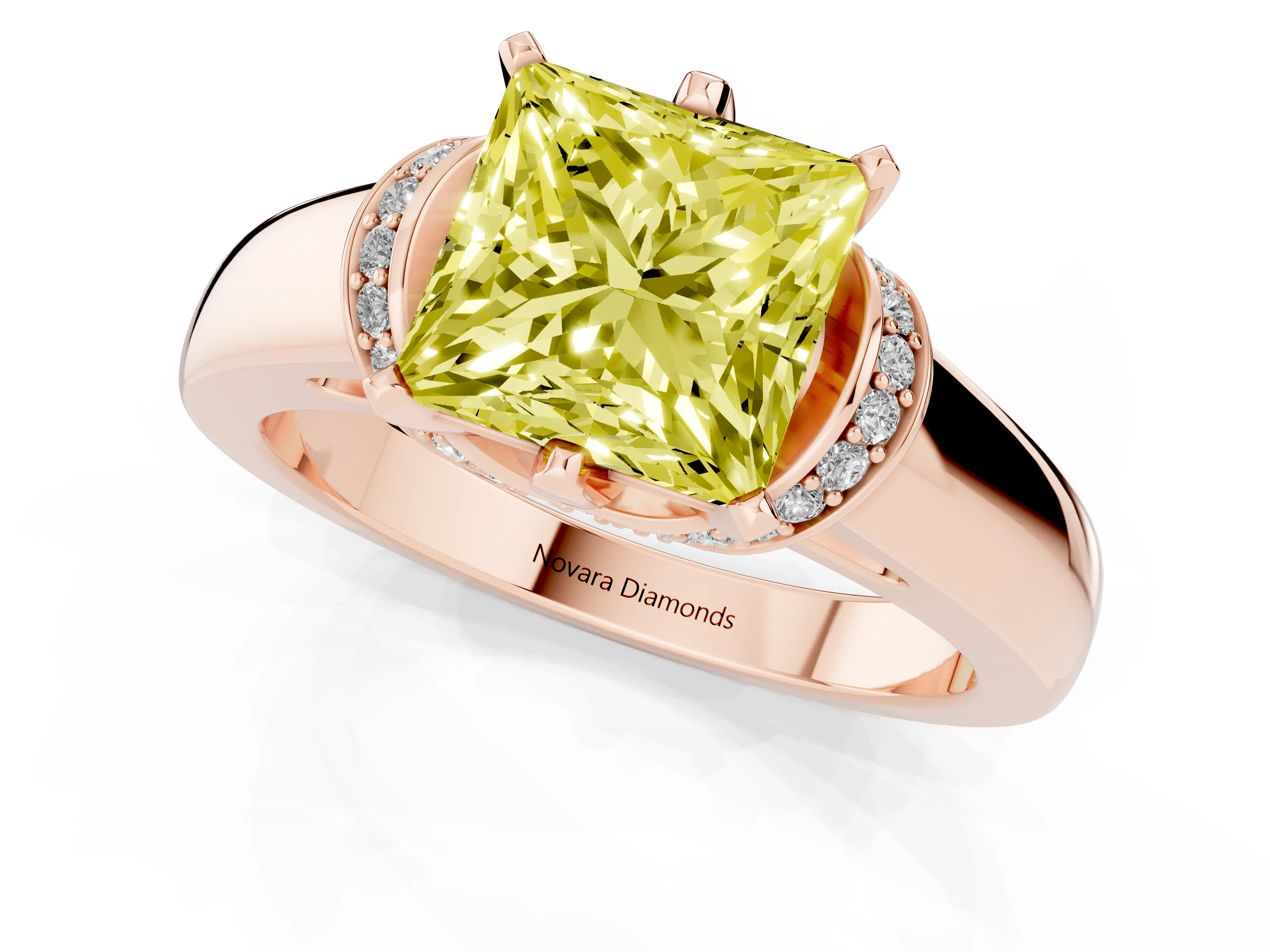 Fancy Yellow Princess Cut Diamond Pavé Band Solitaire Ring Set in Rose gold with Prong Setting