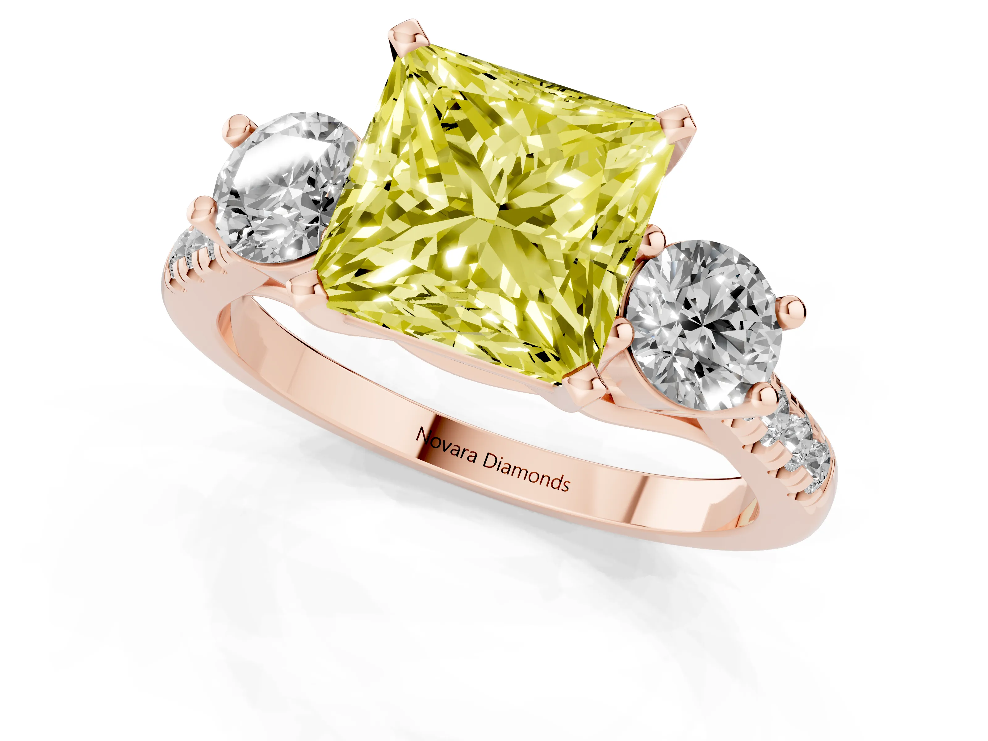Fancy Yellow Three-Stone Princess Cut Diamond Pavé Band Ring Set in Rose gold with Prong-Set Trio