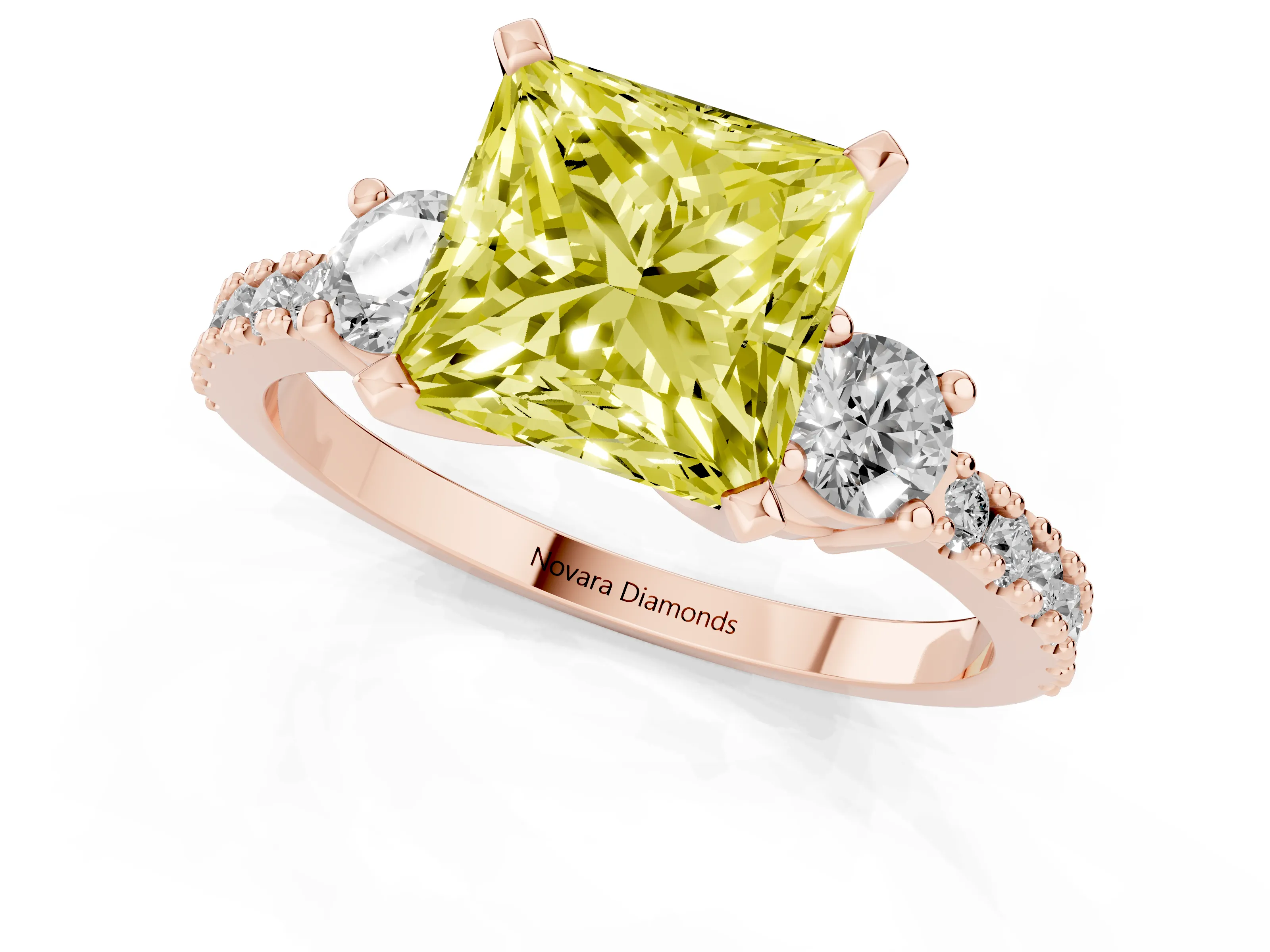 Fancy Yellow Three-Stone Princess Cut Diamond Pavé Band Ring Set in Rose gold with Prong Setting