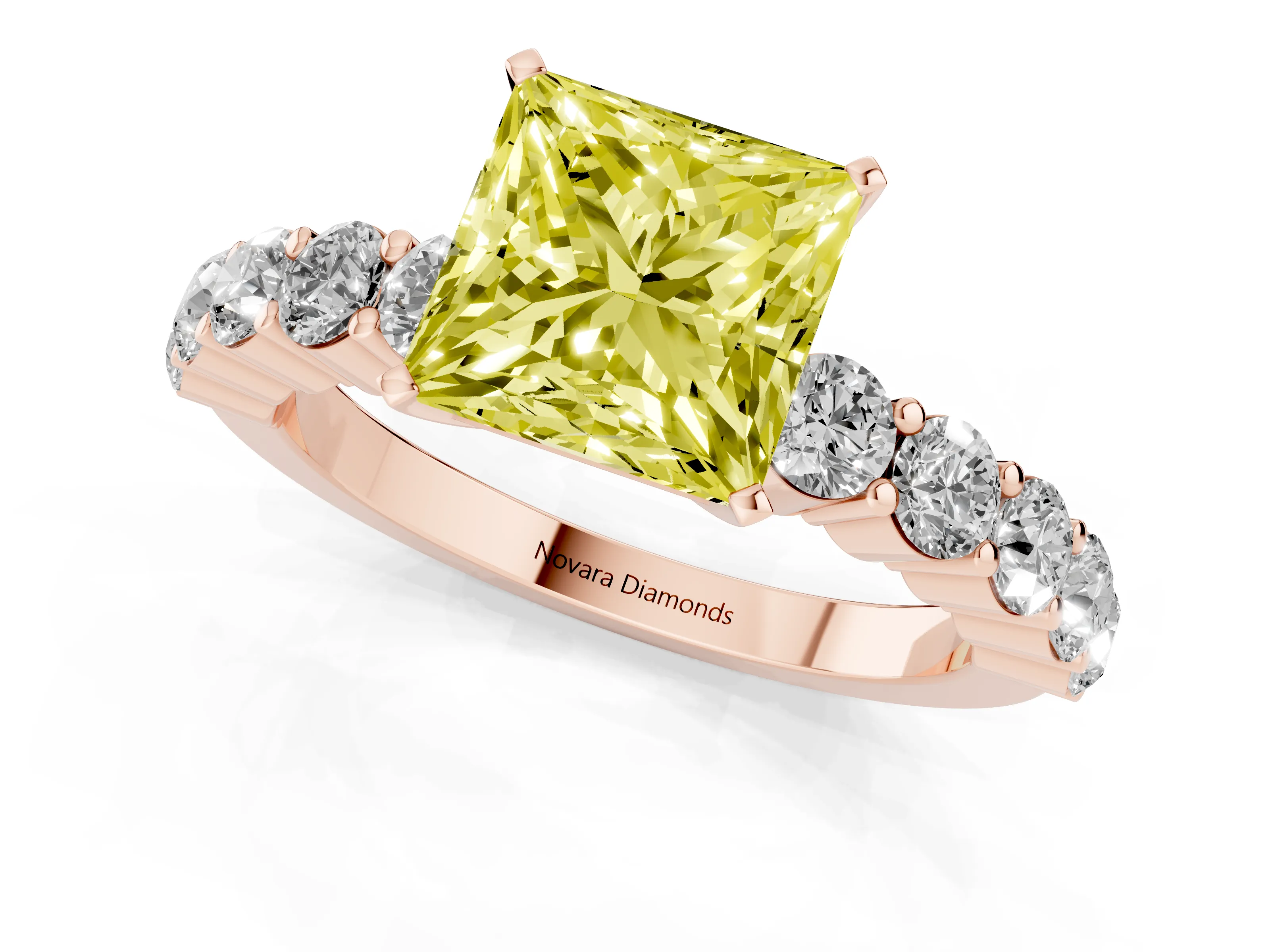 Fancy Yellow Princess Cut Diamond Solitaire Ring Set in Rose gold with Shared Prong Round Side Stones