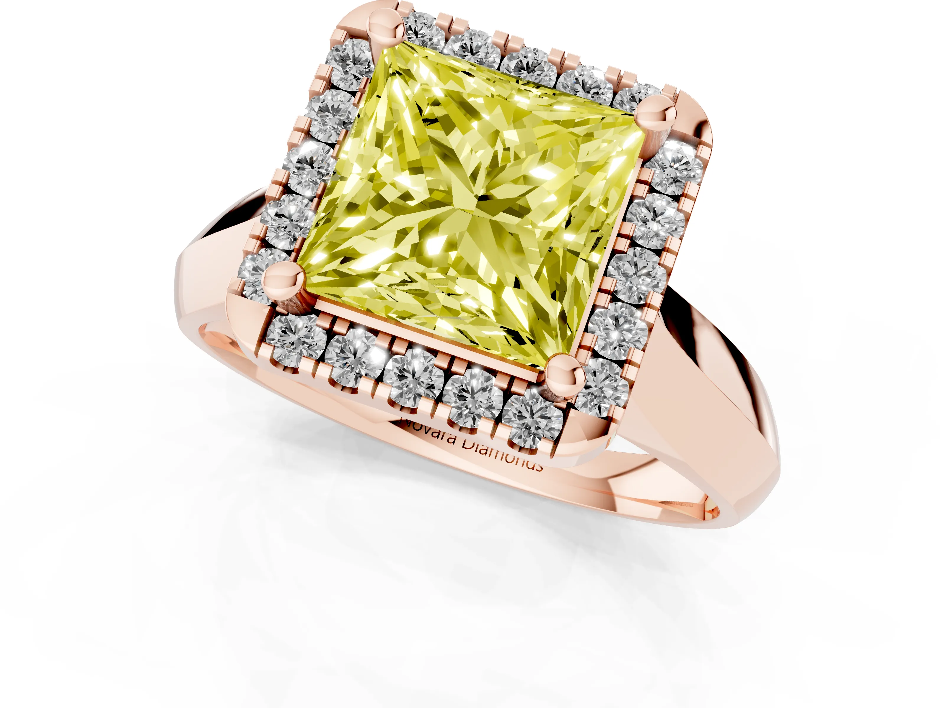 Fancy Yellow Princess Cut Diamond Halo Solitaire Engagement Ring Set in Rose gold with Square Band and Prong Setting