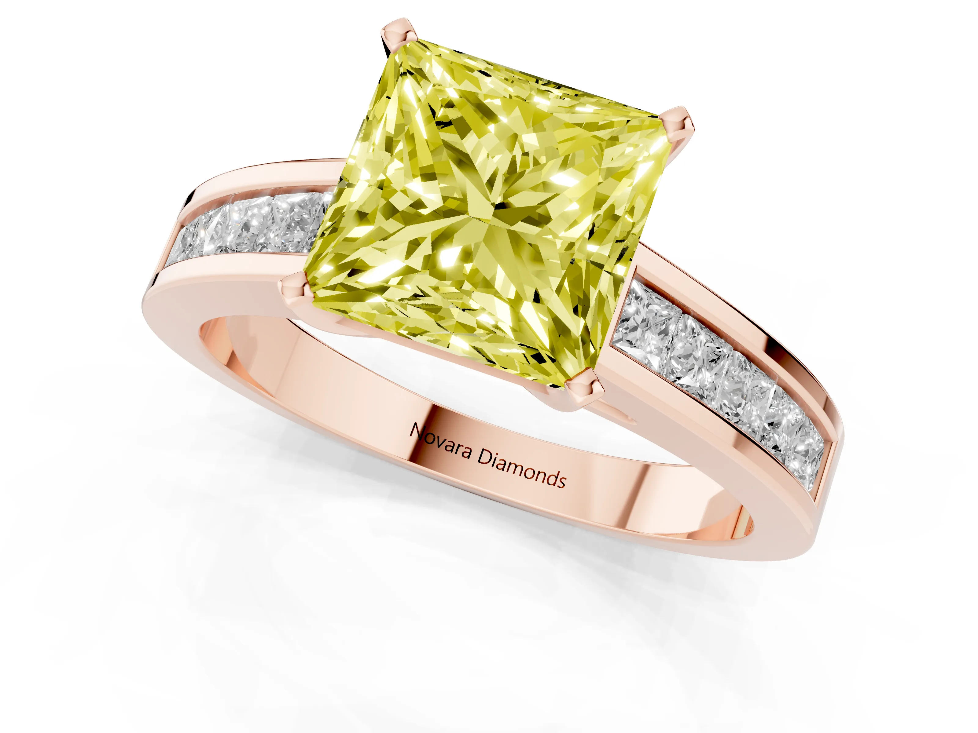 Fancy Yellow Princess Cut Diamond Solitaire Ring Set in Rose gold with Channel-Set Band and Prong Setting