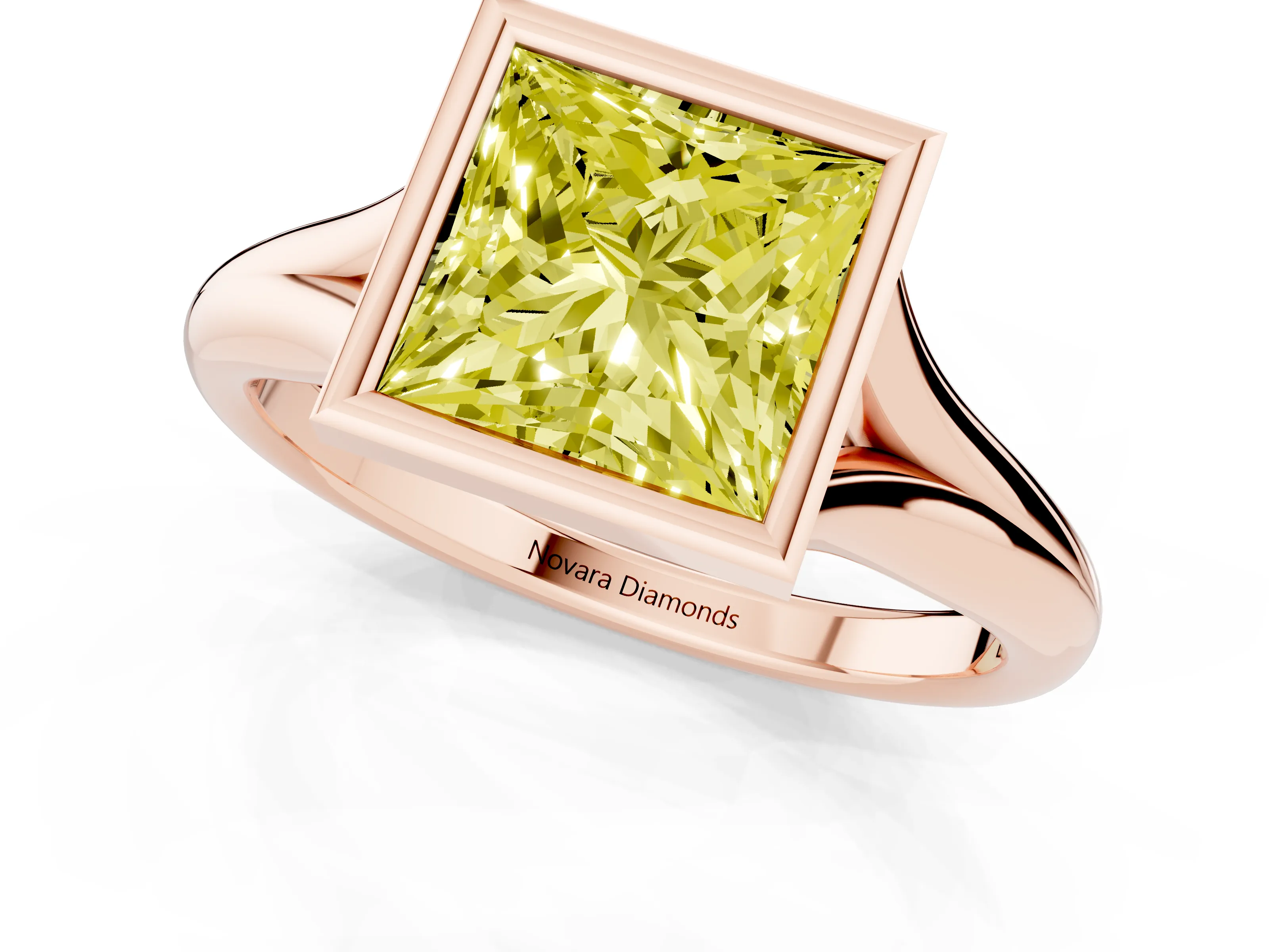Fancy Yellow Bezel Set Princess Cut Diamond Solitaire Ring Set in Rose gold with Smooth Band