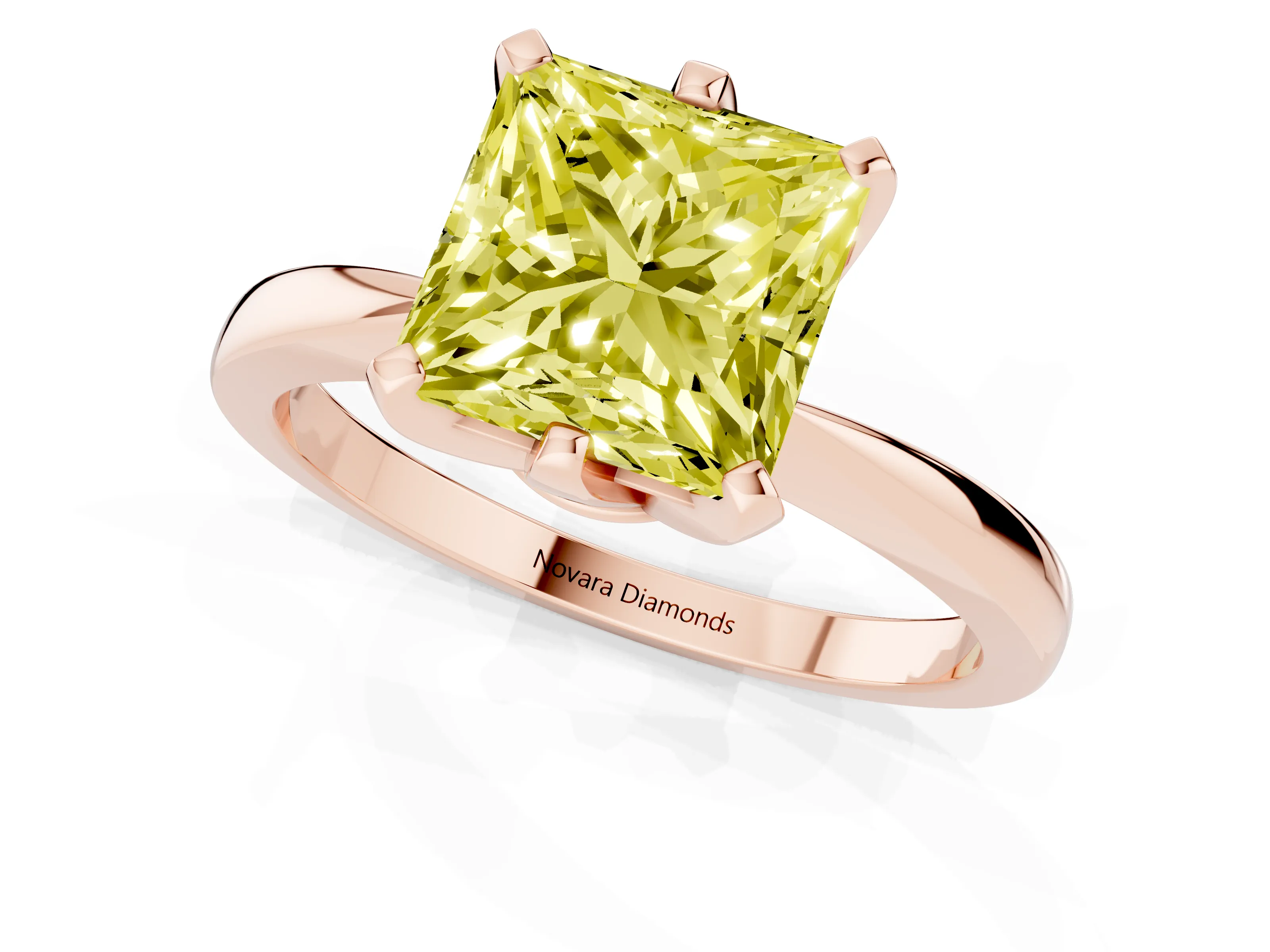 Fancy Yellow Princess Cut Diamond Solitaire Engagement Ring Set in Rose gold with Slim Tapered Solitaire Band