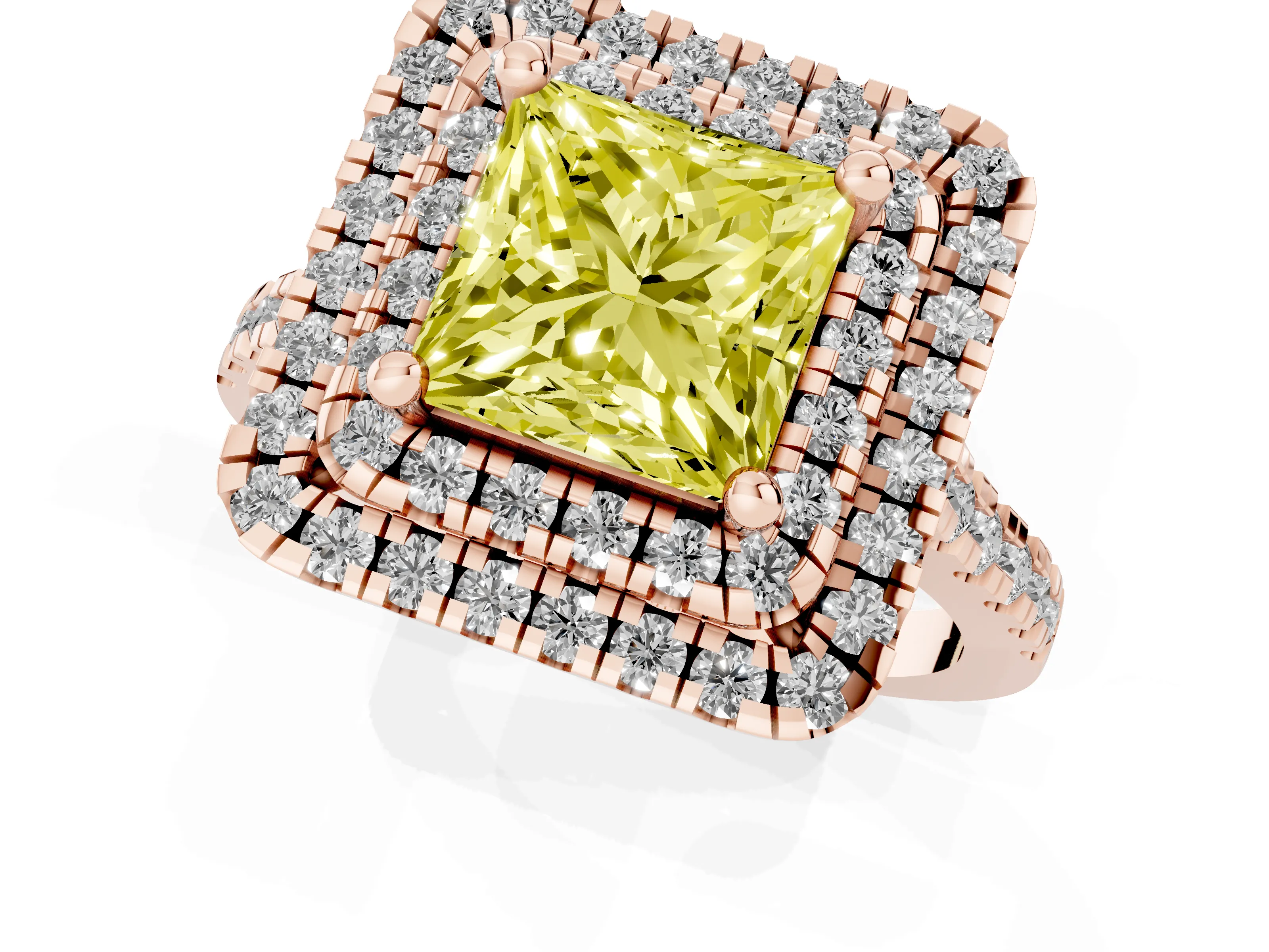 Fancy Yellow Princess Cut Diamond Double Halo Statement Ring Set in Rose gold with Pavé Band