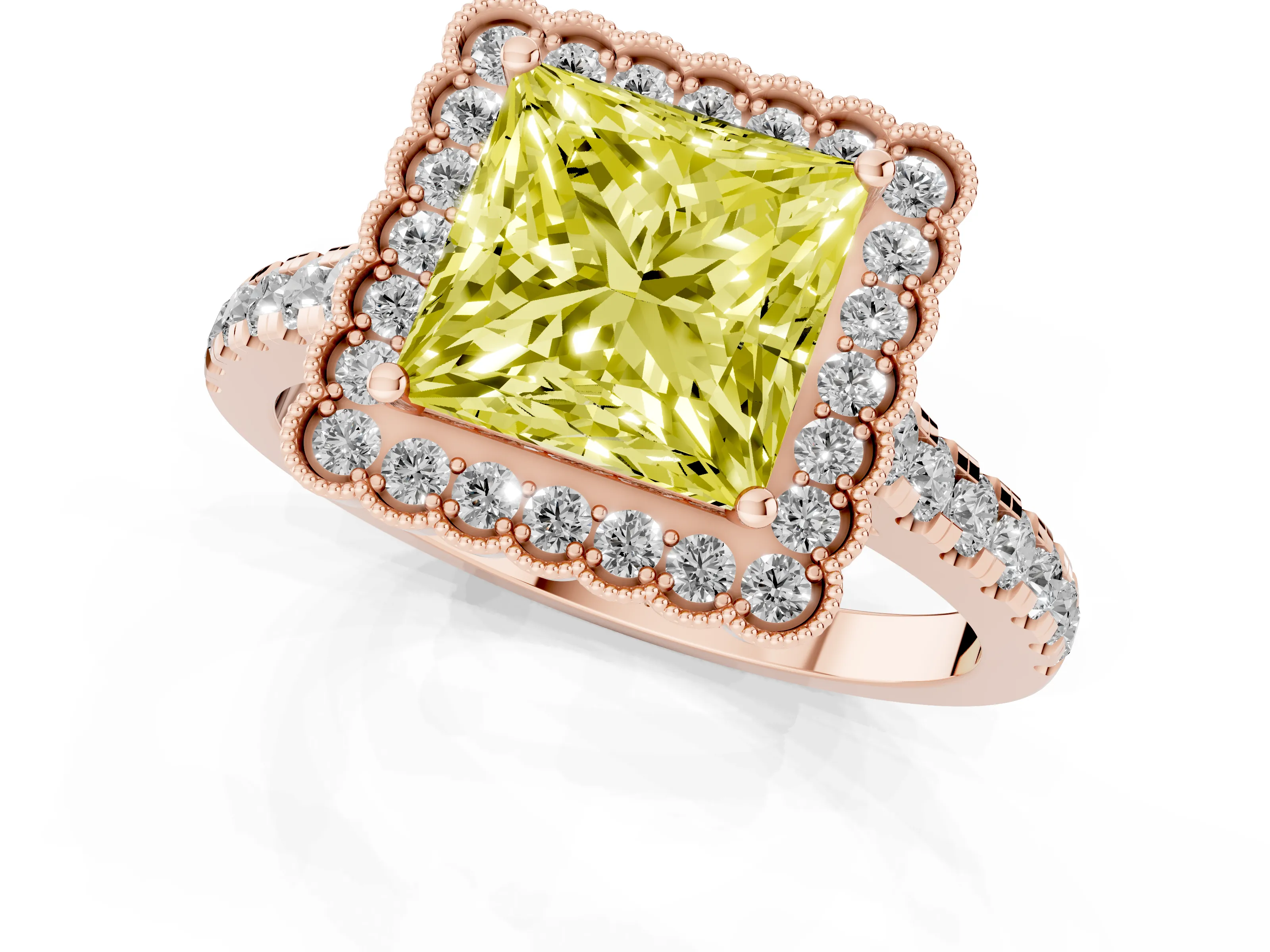 Fancy Yellow Princess Cut Diamond Milgrain Floral Halo Engagement Ring Set in Rose gold with Pavé Band