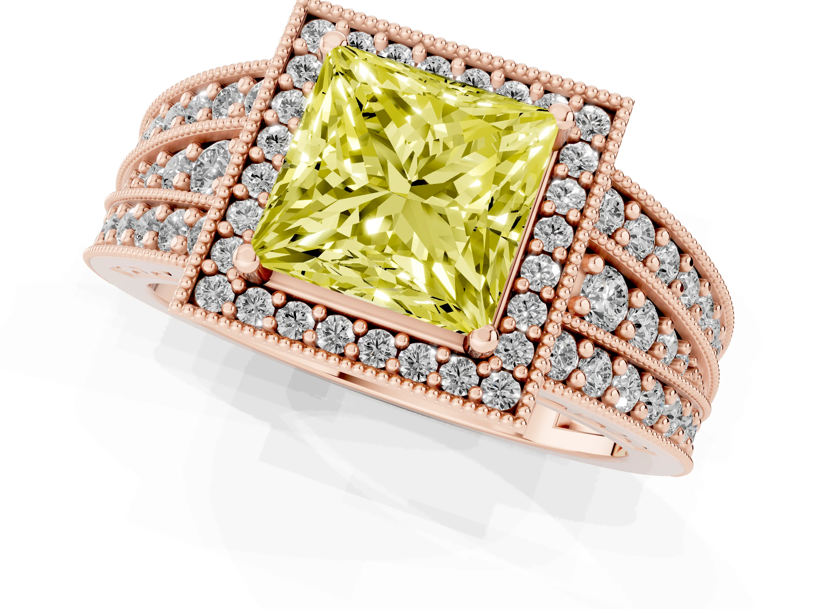 Fancy Yellow Princess Cut Diamond Halo Ring Set in Rose gold with Accent Split Shank and Prong Setting
