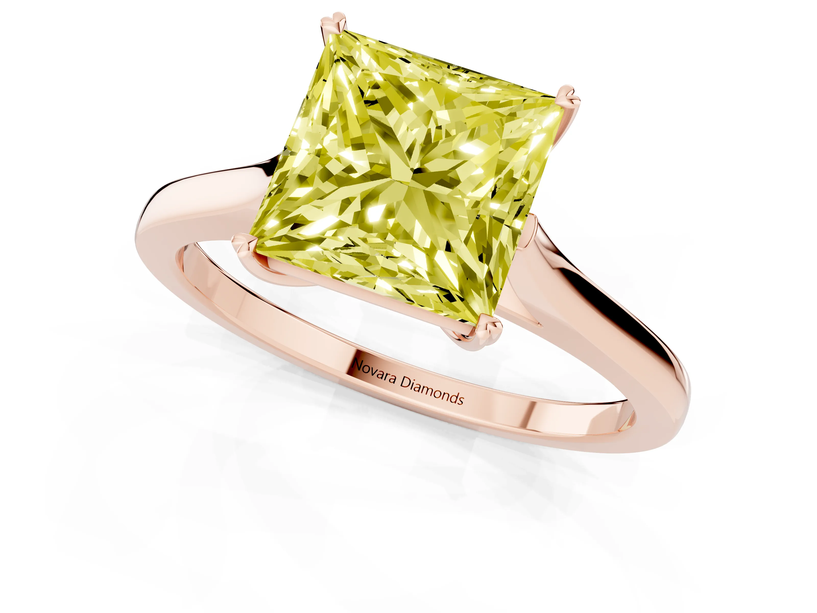 Fancy Yellow Princess Cut Diamond Solitaire Heart Prong Engagement Ring Set in Rose gold with Tapered Band