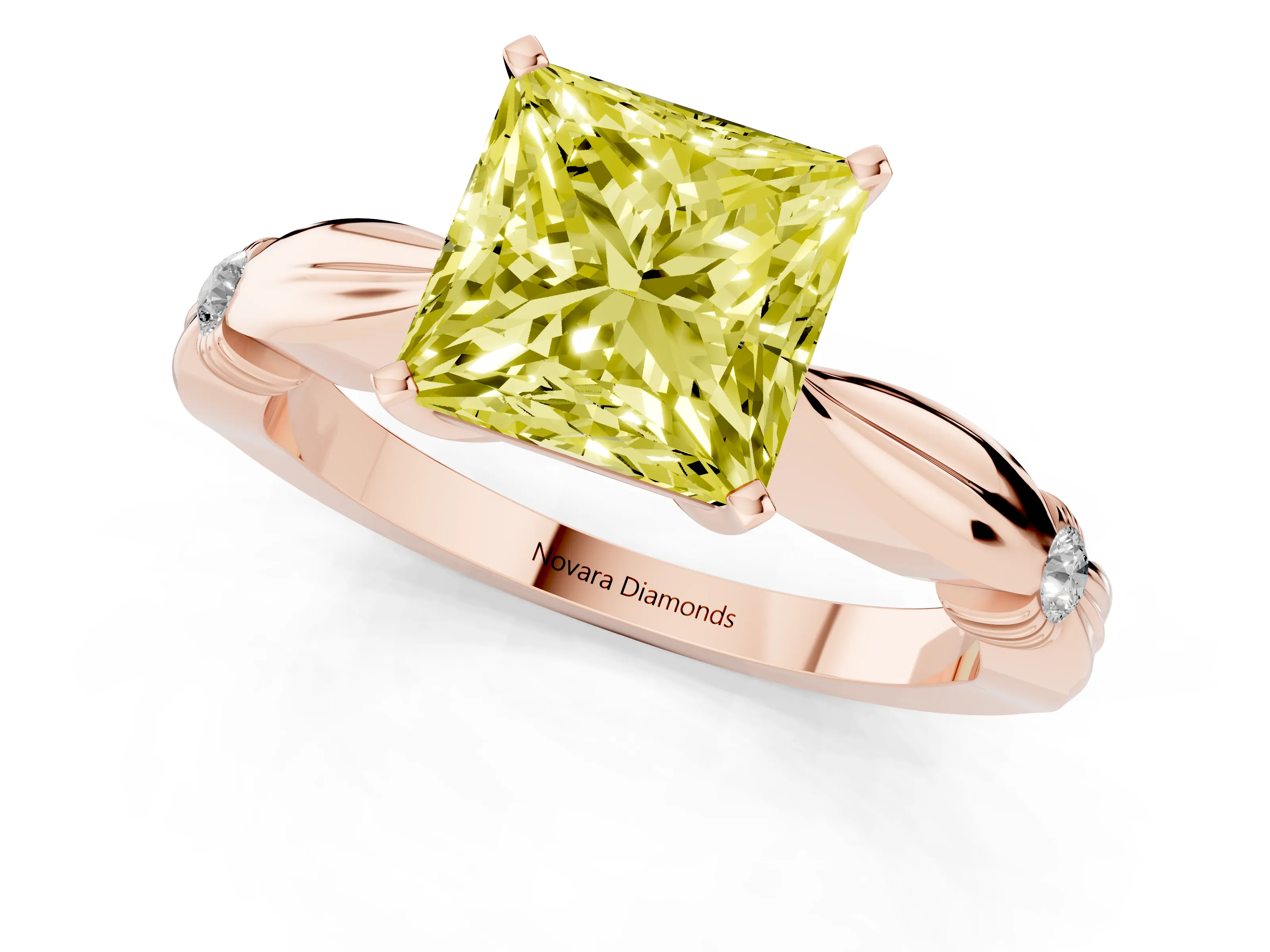 Fancy Yellow Princess Cut Diamond Solitaire Twisted Band Ring Set in Rose gold with Accent Stones and Prong Setting