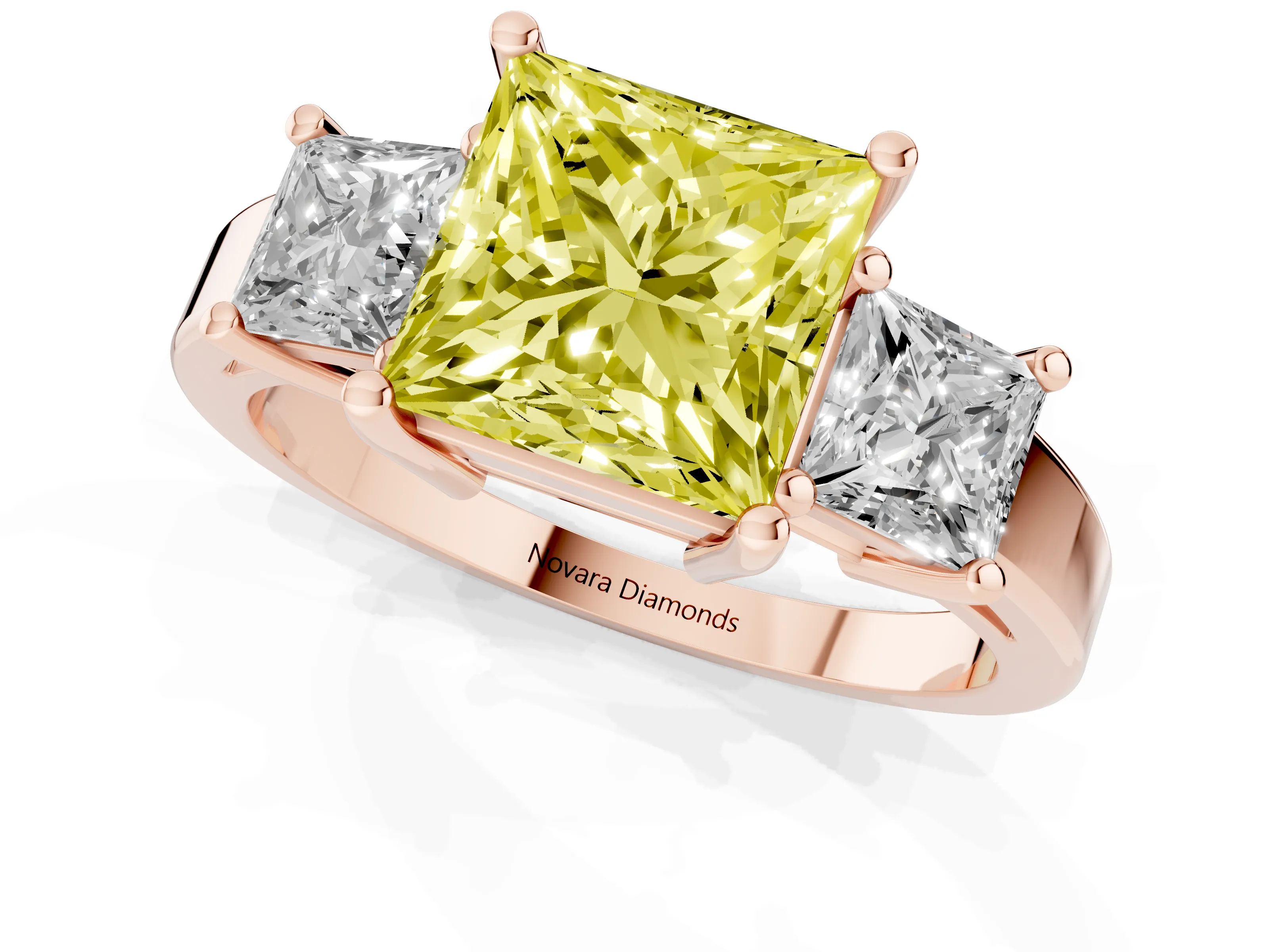 Fancy Yellow Three-Stone Princess Cut Diamond Solitaire Ring Set in Rose gold with Prong Setting