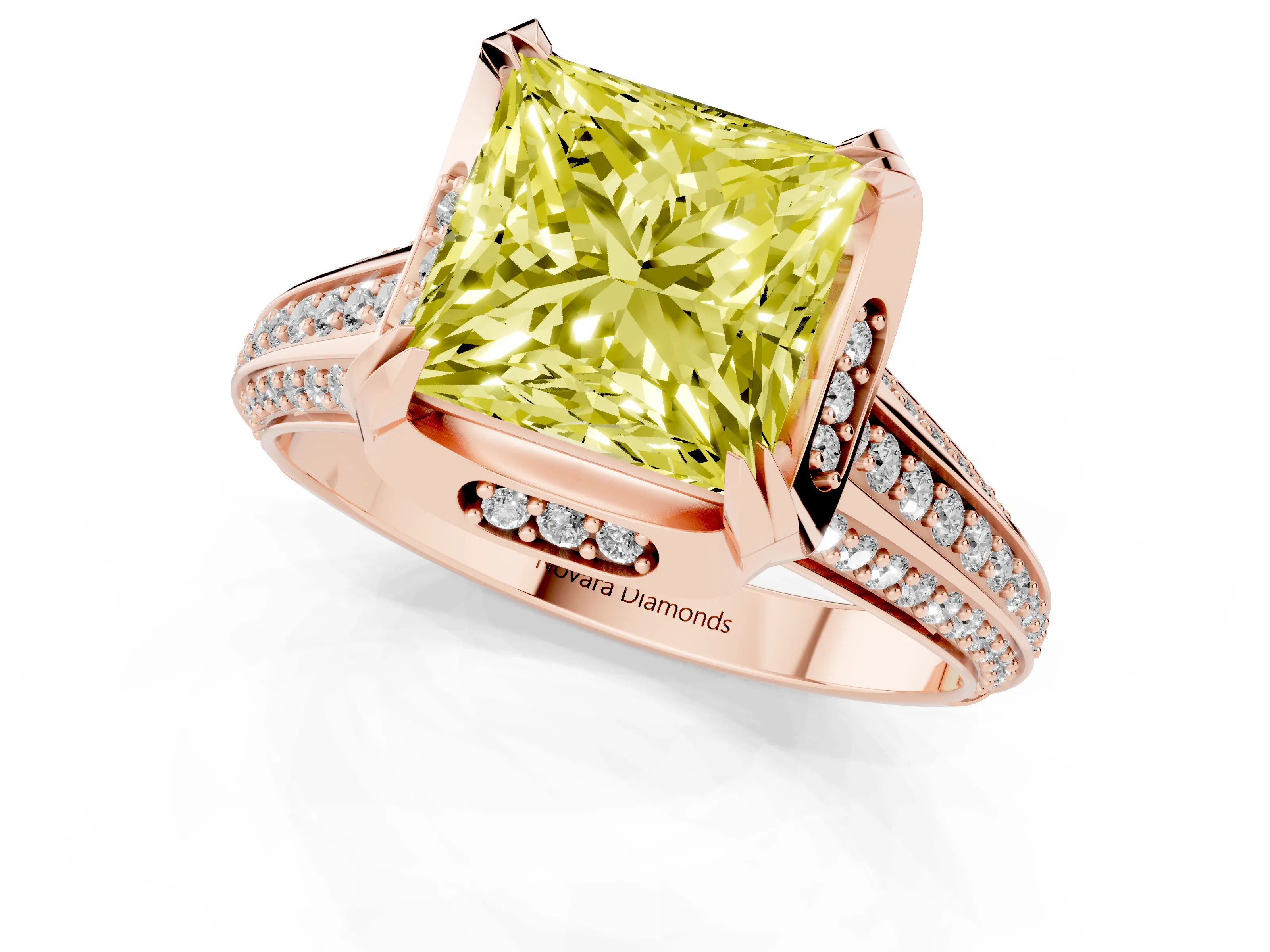 Fancy Yellow Princess Cut Diamond Pavé Split Shank Solitaire Ring Set in Rose gold with Prong Setting