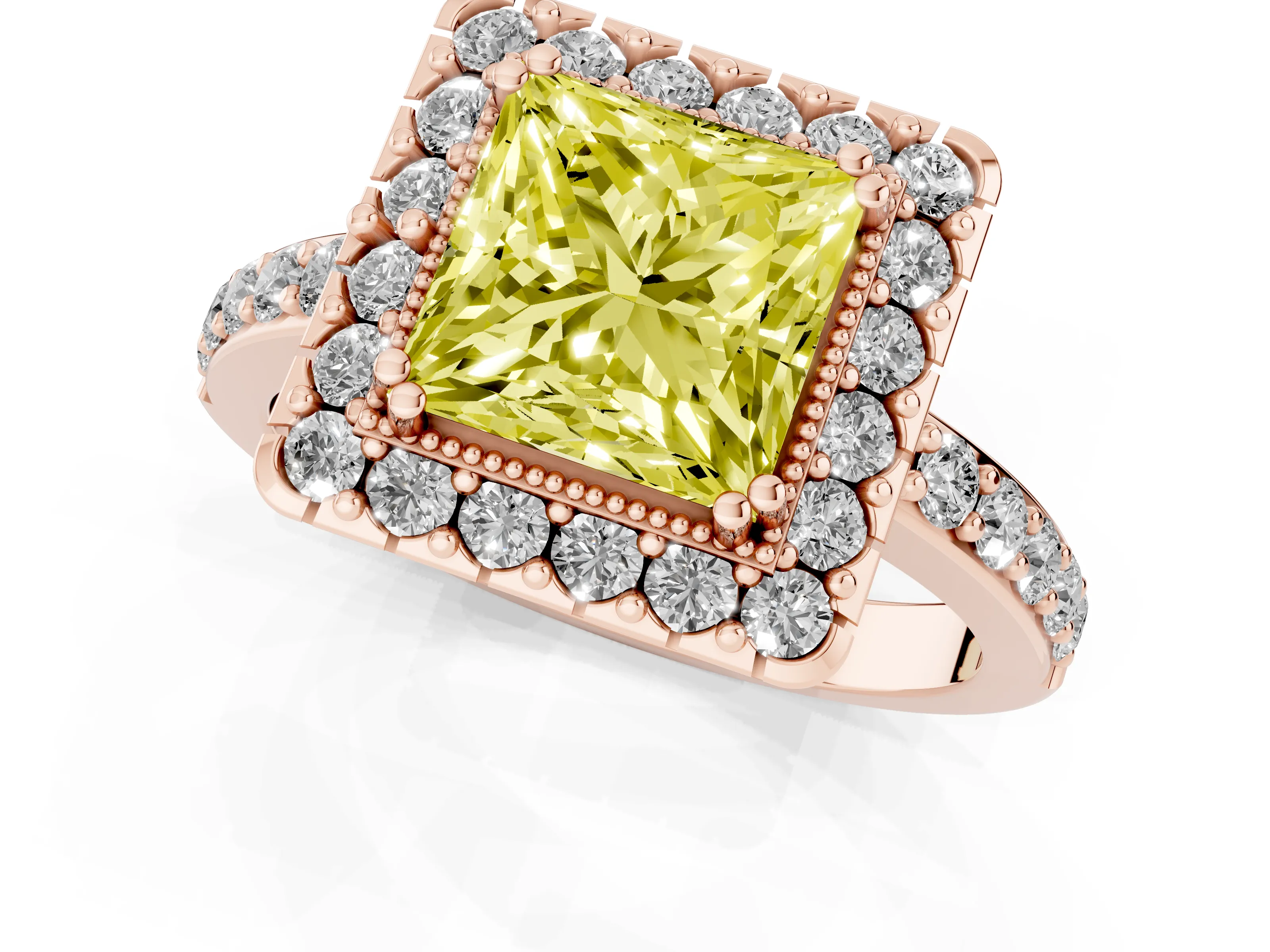 Fancy Yellow Princess Cut Diamond Halo Ring Set in Rose gold with Pavé Shank and Prong Setting