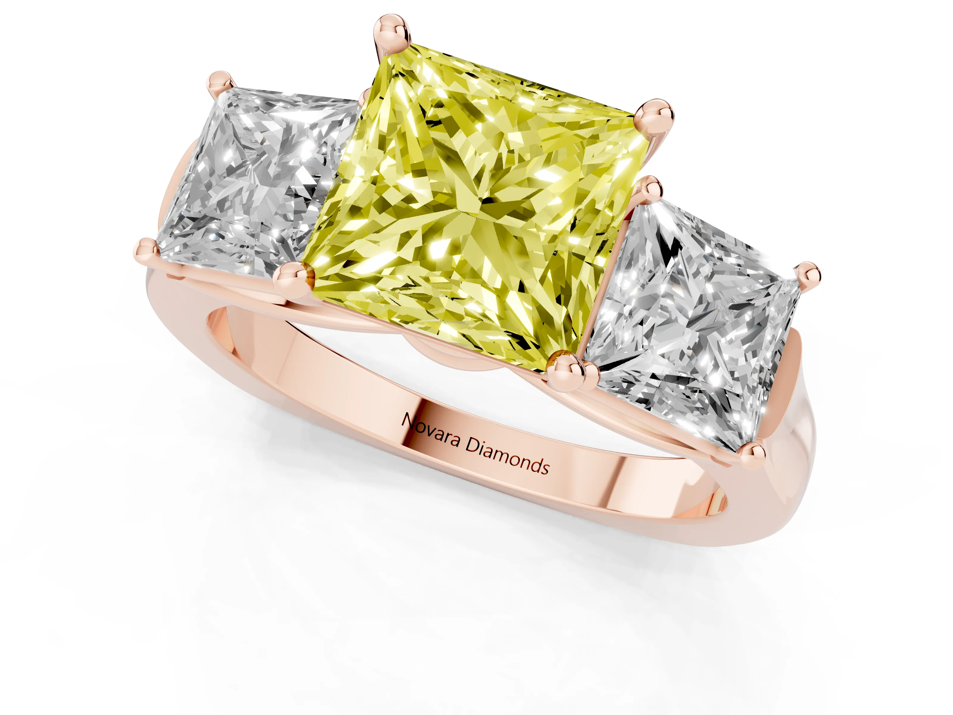 Fancy Yellow Princess Cut Diamond Three-Stone Trellis Ring Set in Rose gold with Comfort Fit Band