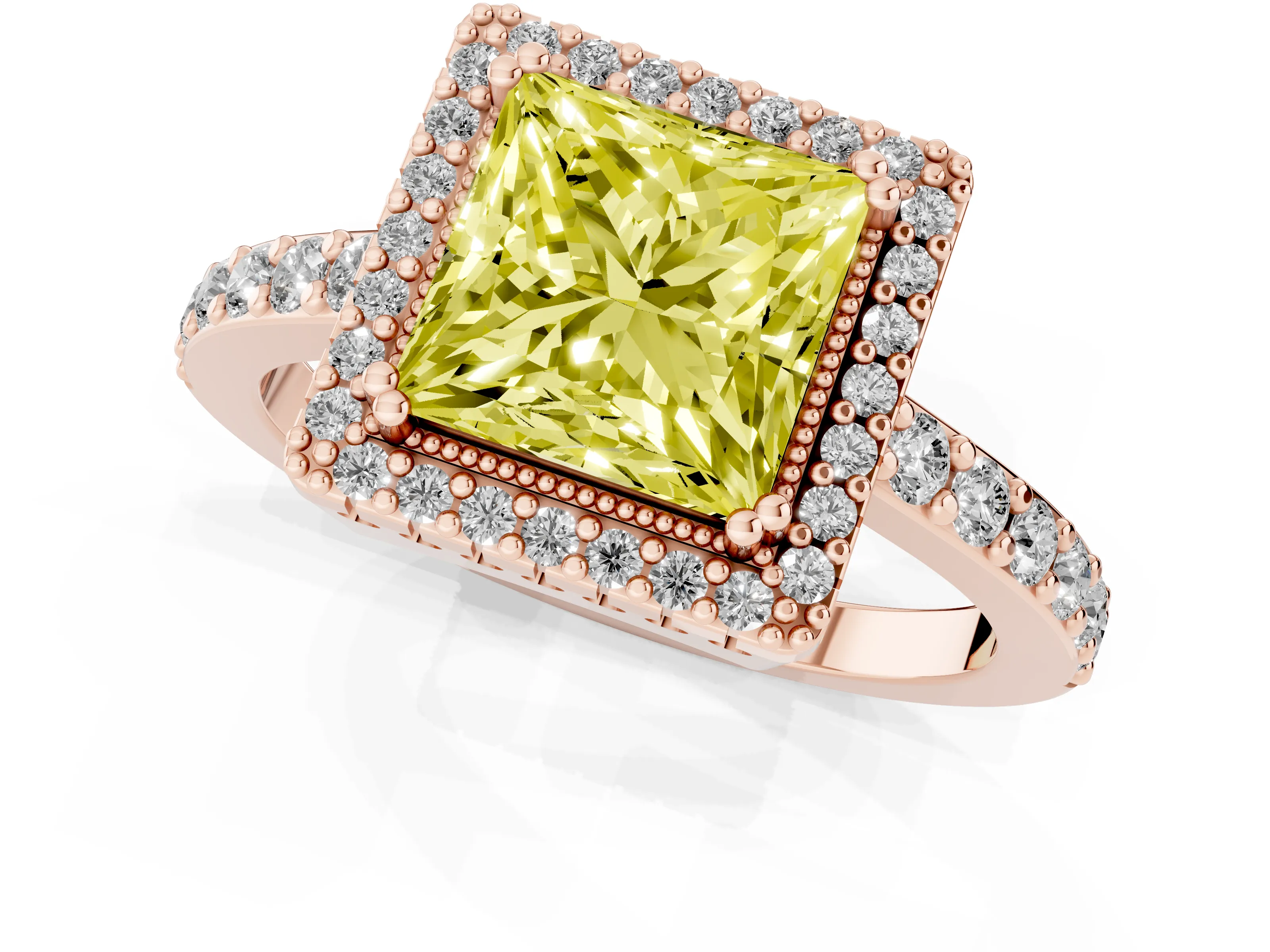 Fancy Yellow Princess Cut Diamond Halo Engagement Ring Set in Rose gold with Milgrain Detail and Pavé Band