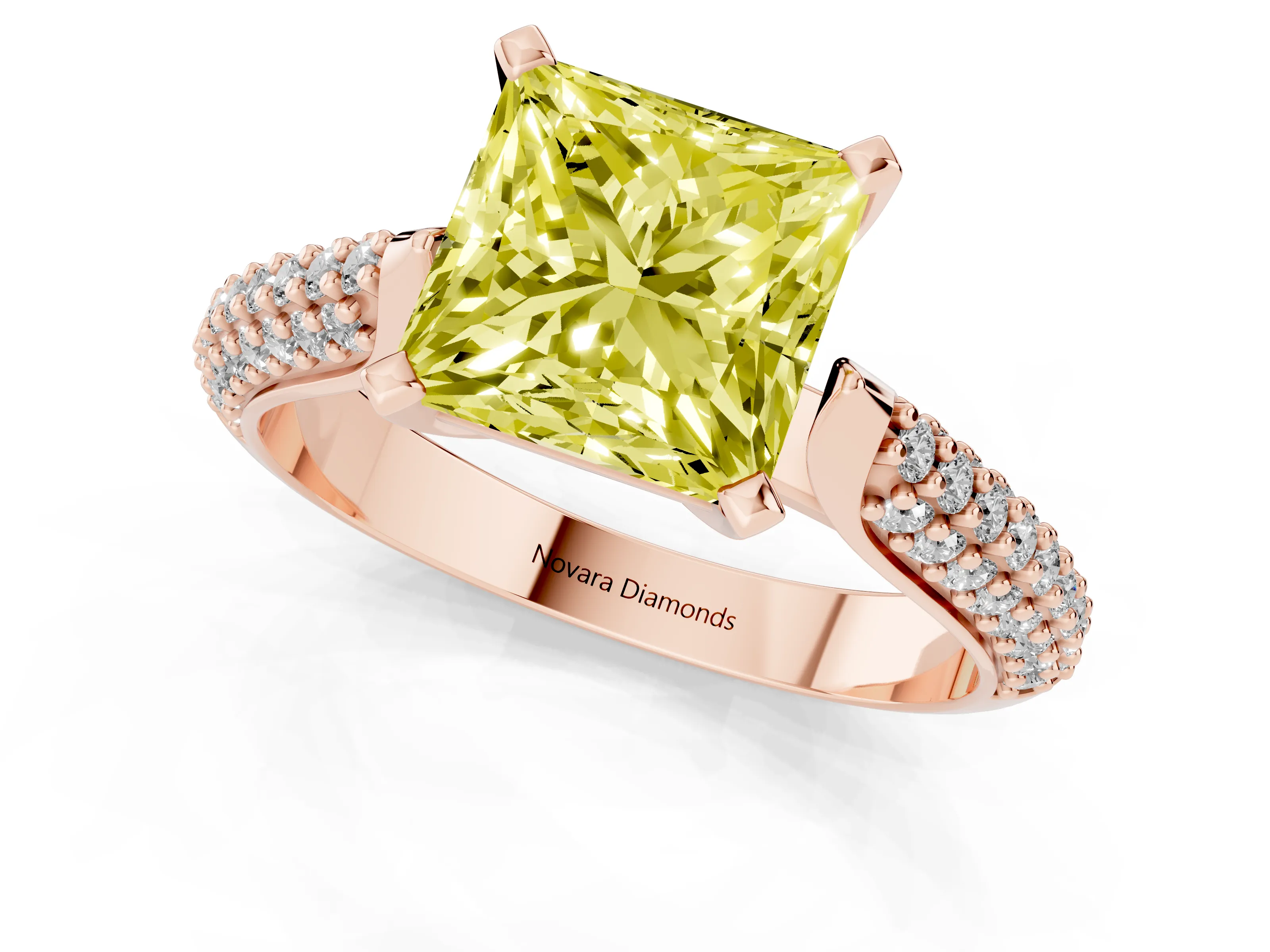 Fancy Yellow Princess Cut Diamond Solitaire Engagement Ring Set in Rose gold with Multi-Row Round Pavé Band and Prong Setting