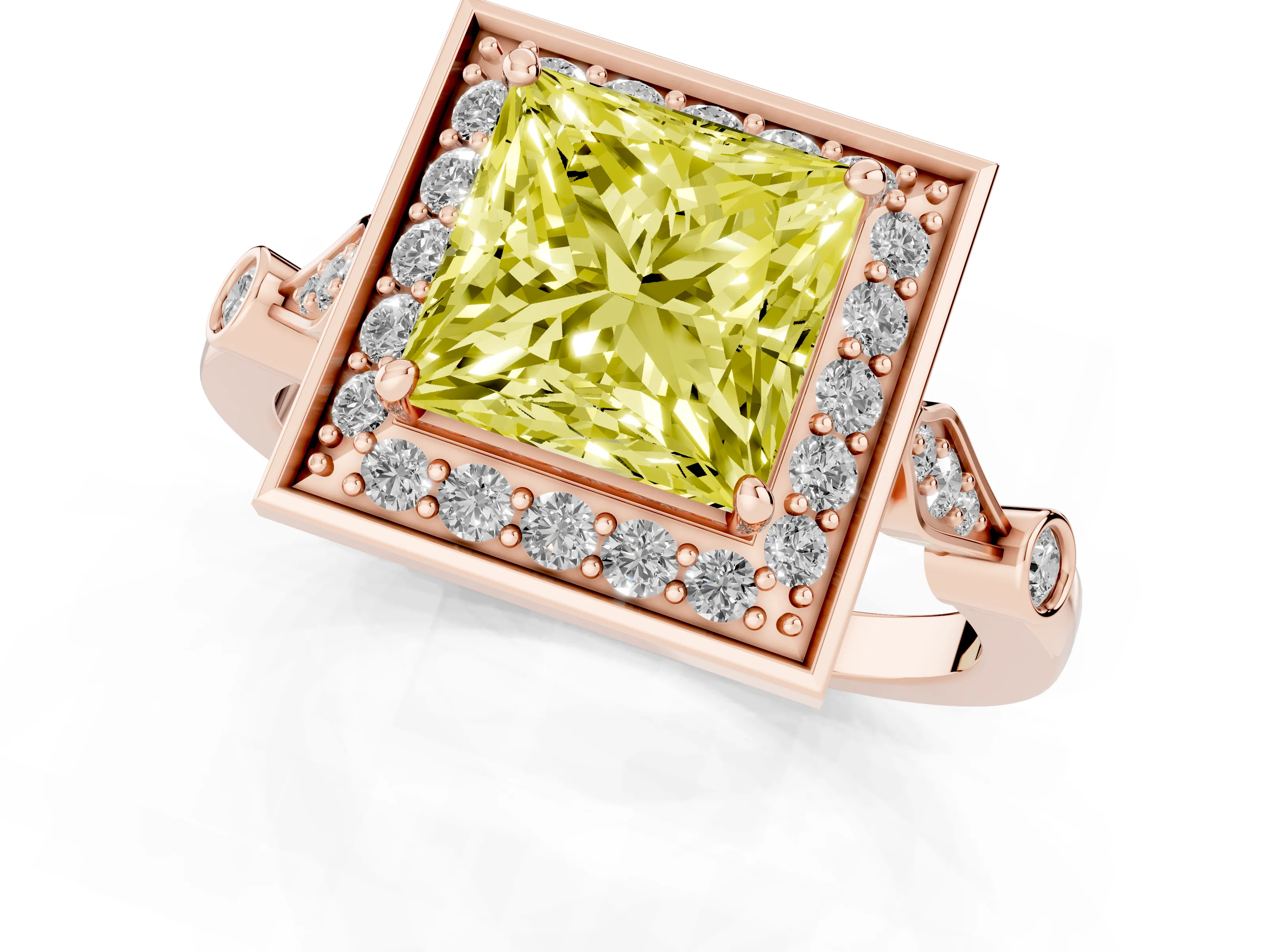 Fancy Yellow Princess Cut Diamond Halo Engagement Ring Set in Rose gold with Twisted Band and Prong Setting