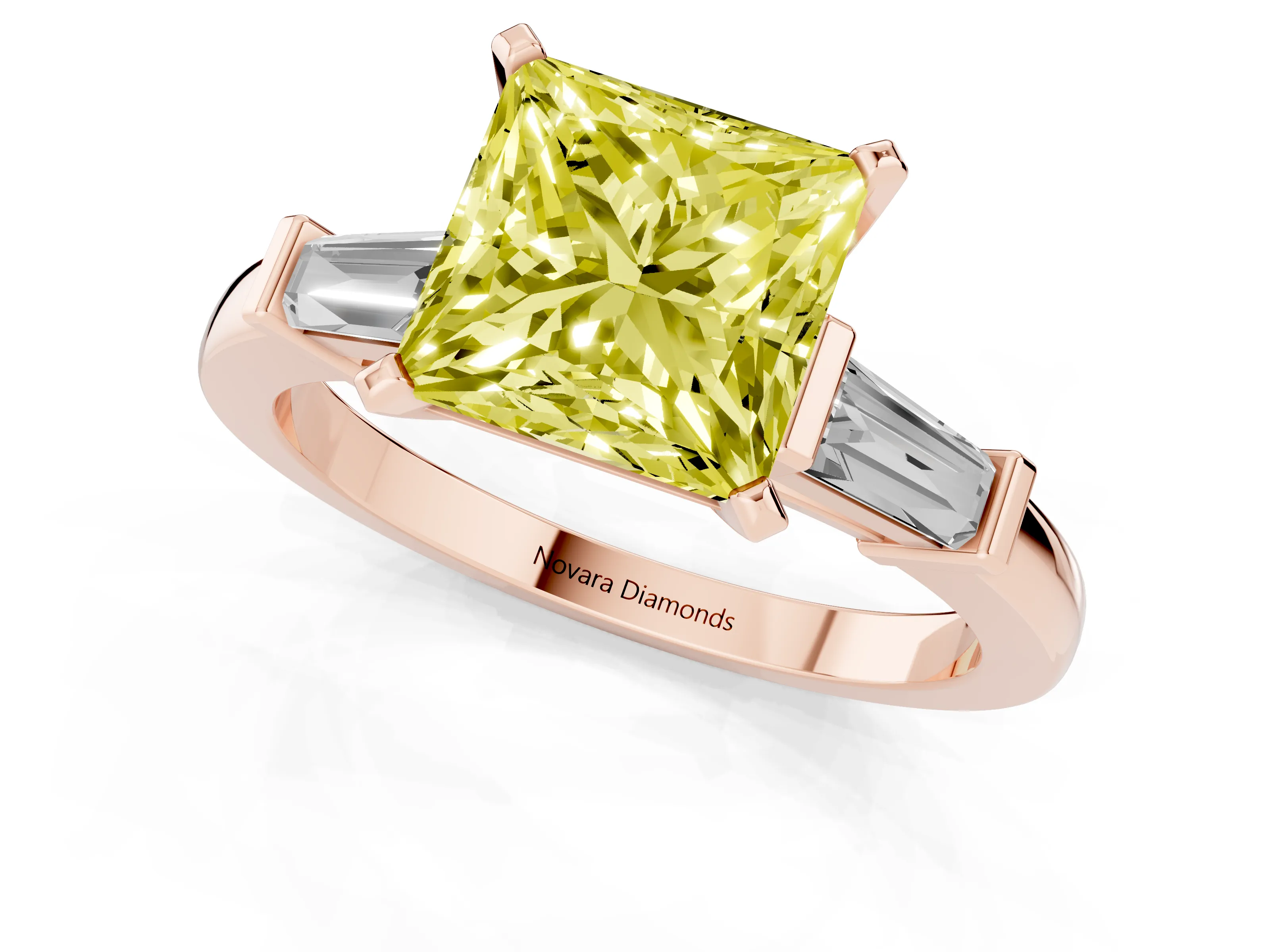 Fancy Yellow Princess Cut Diamond Solitaire Ring Set in Rose gold with Tapered Baguette Accents and Prong Setting