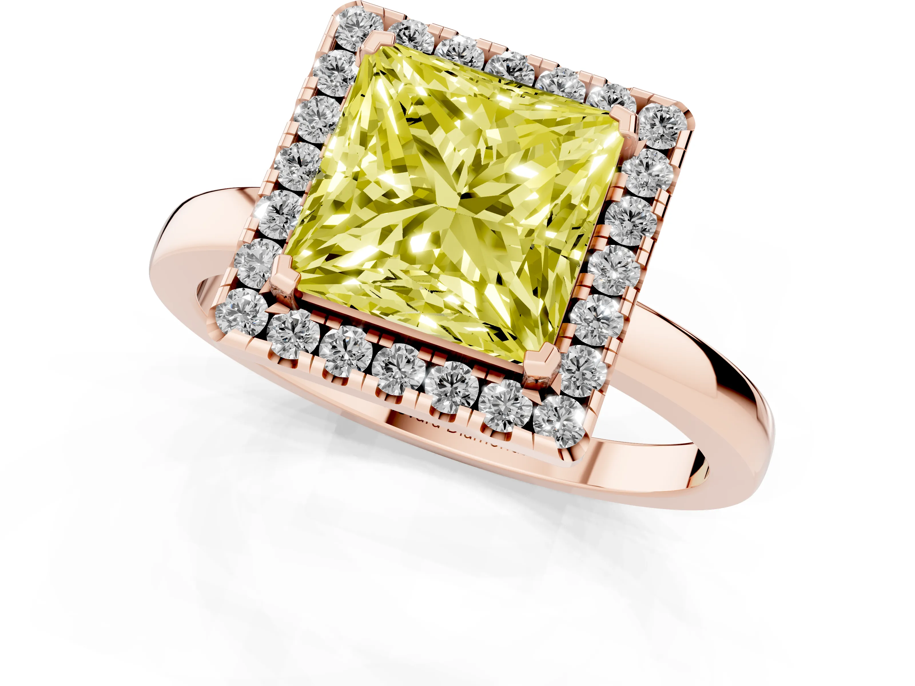 Fancy Yellow Princess Cut Diamond Halo Solitaire Ring Set in Rose gold with Pavé Band and Prong Setting