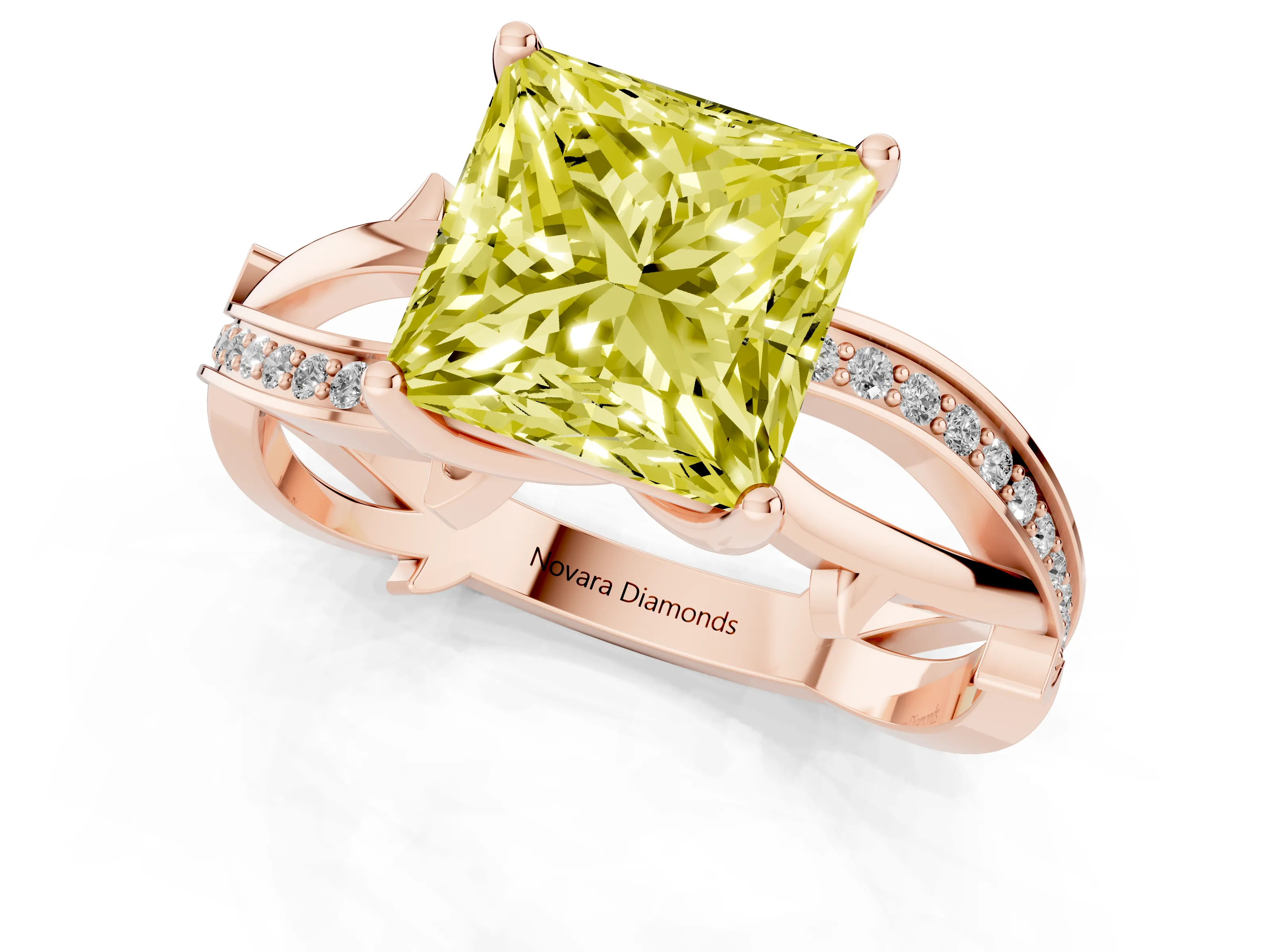 Fancy Yellow Princess Cut Diamond Pavé Twist Band Solitaire Ring Set in Rose gold with Prong Setting