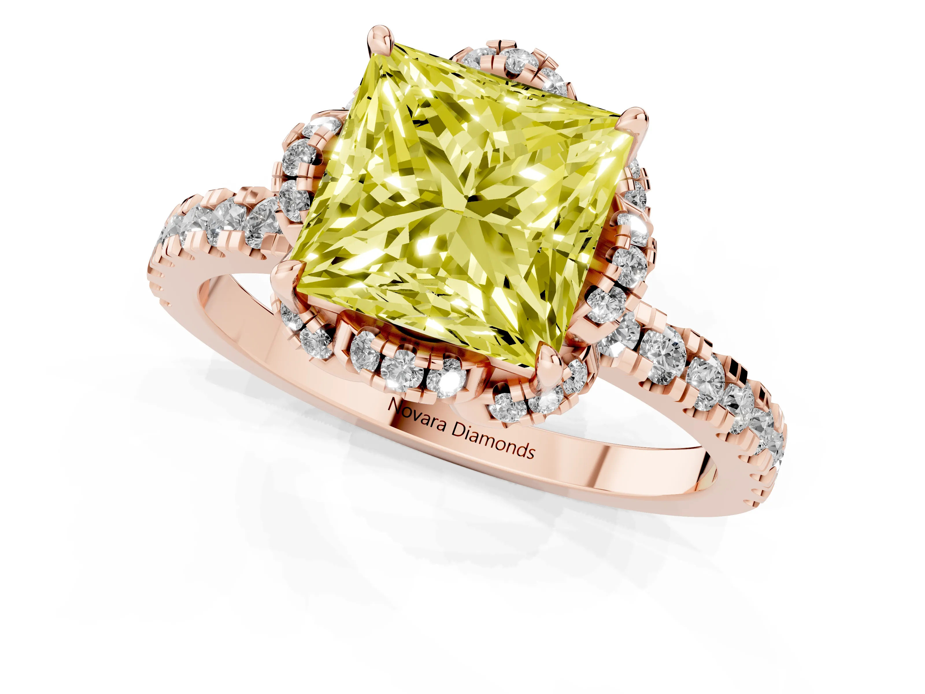 Fancy Yellow Princess Cut Diamond Halo Pavé Band Ring Set in Rose gold with Prong-Held Center