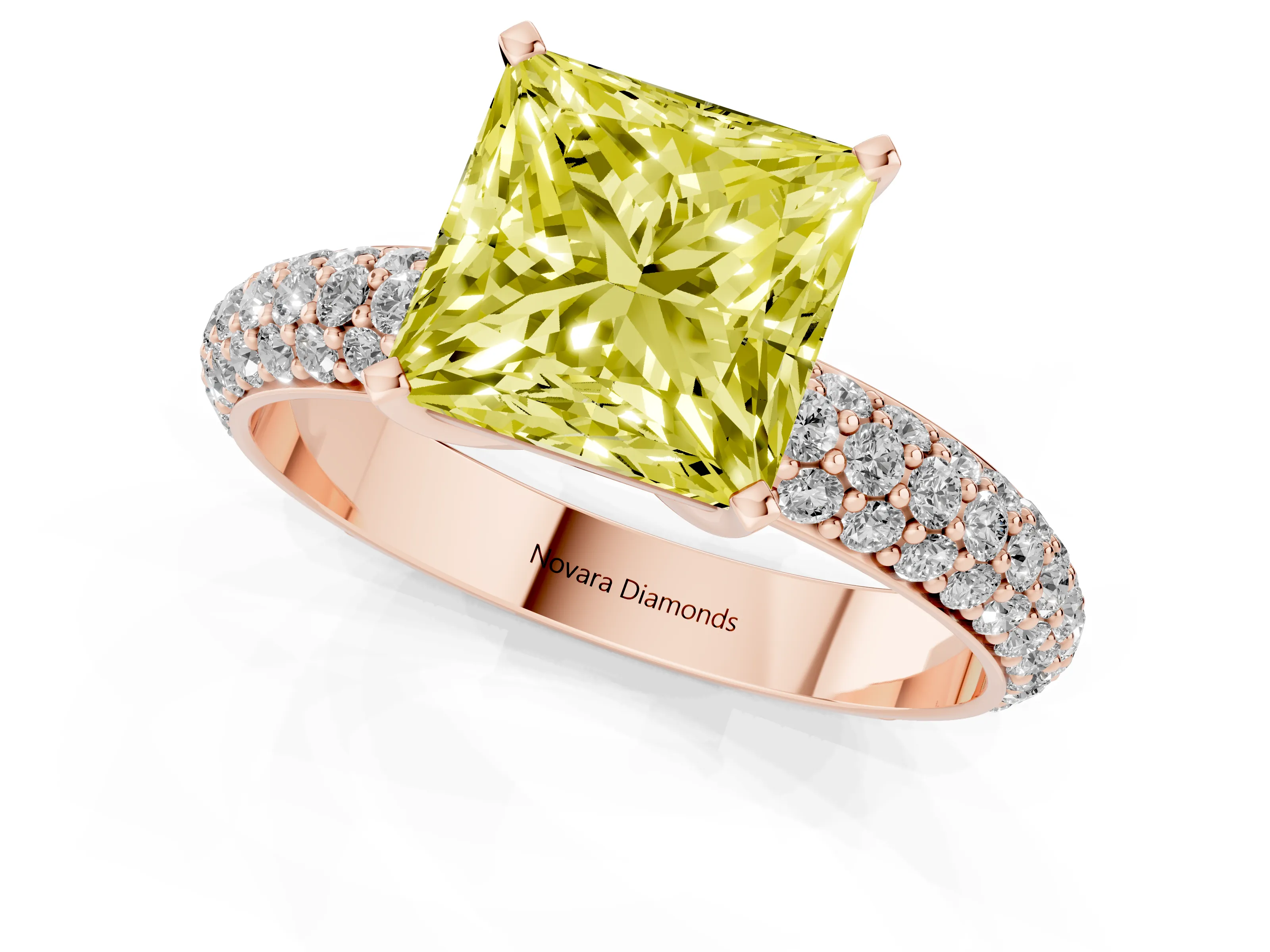 Fancy Yellow Princess Cut Diamond Solitaire Ring Set in Rose gold with Prong Setting and Pavé-Set Band