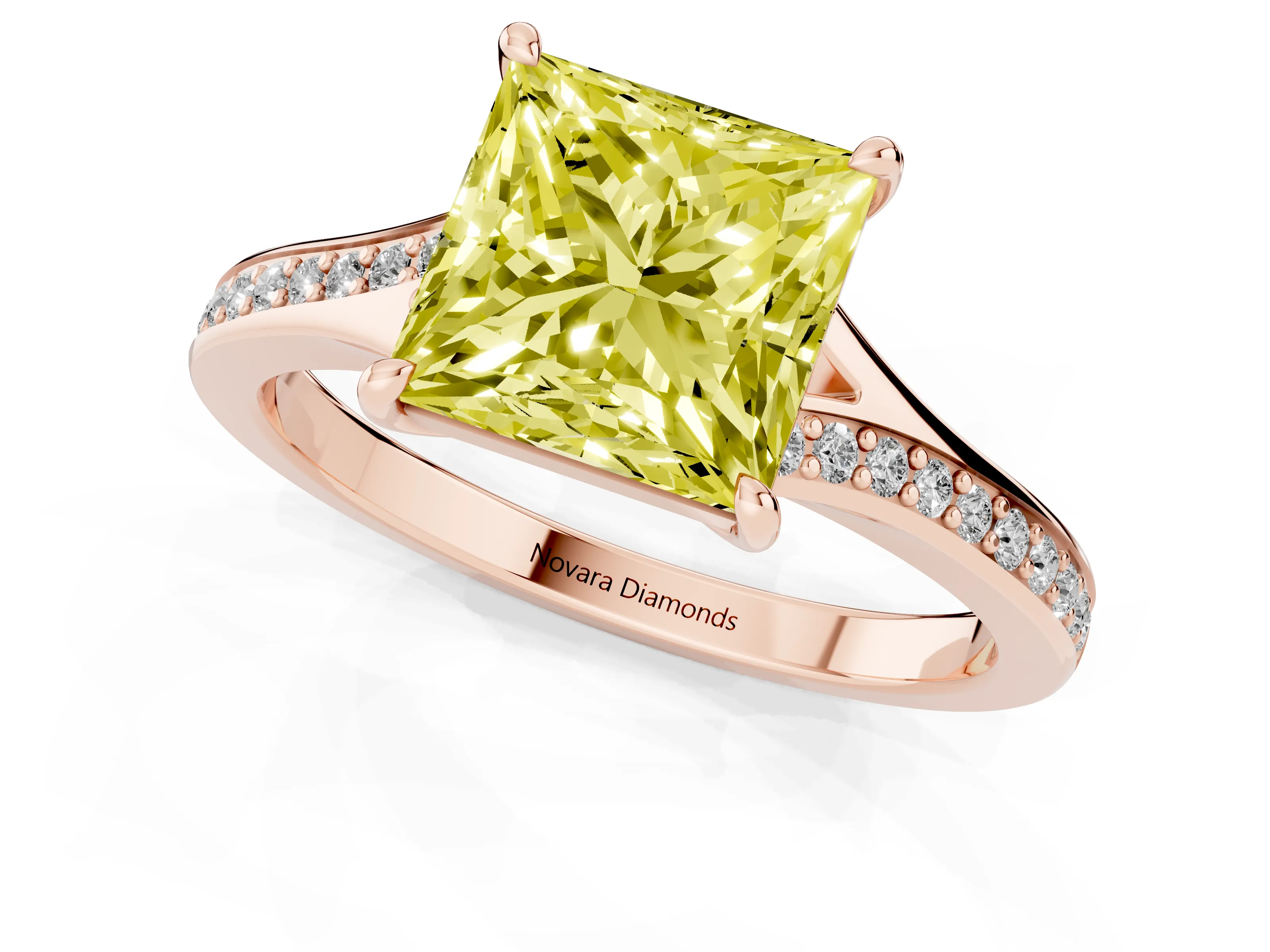 Fancy Yellow Princess Cut Diamond Solitaire Ring Set in Rose gold with Pavé Accent Band and Classic Prong Setting