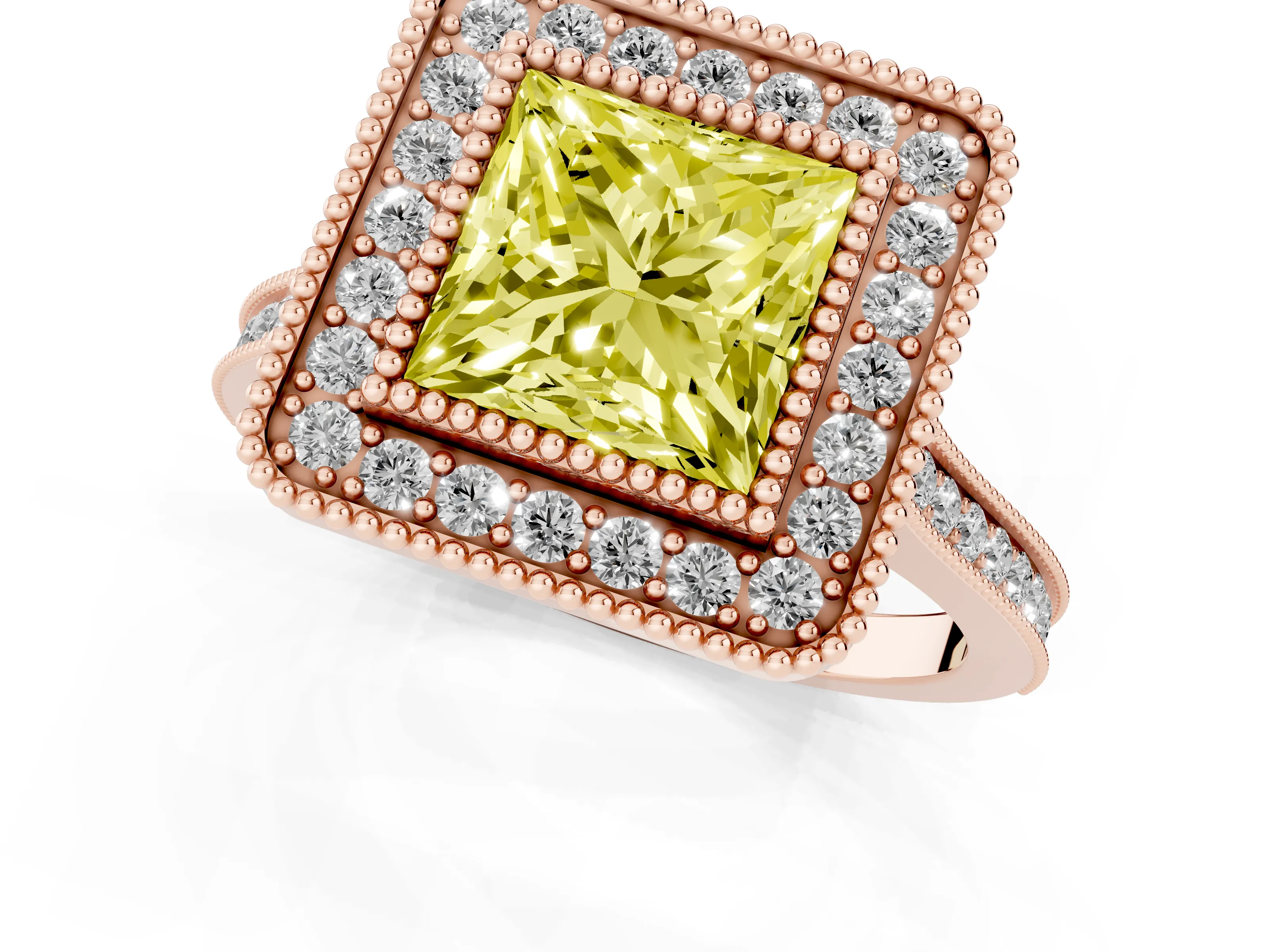 Fancy Yellow Princess Cut Diamond Halo Ring Set in Rose gold with Milgrain Frame and Pavé Band