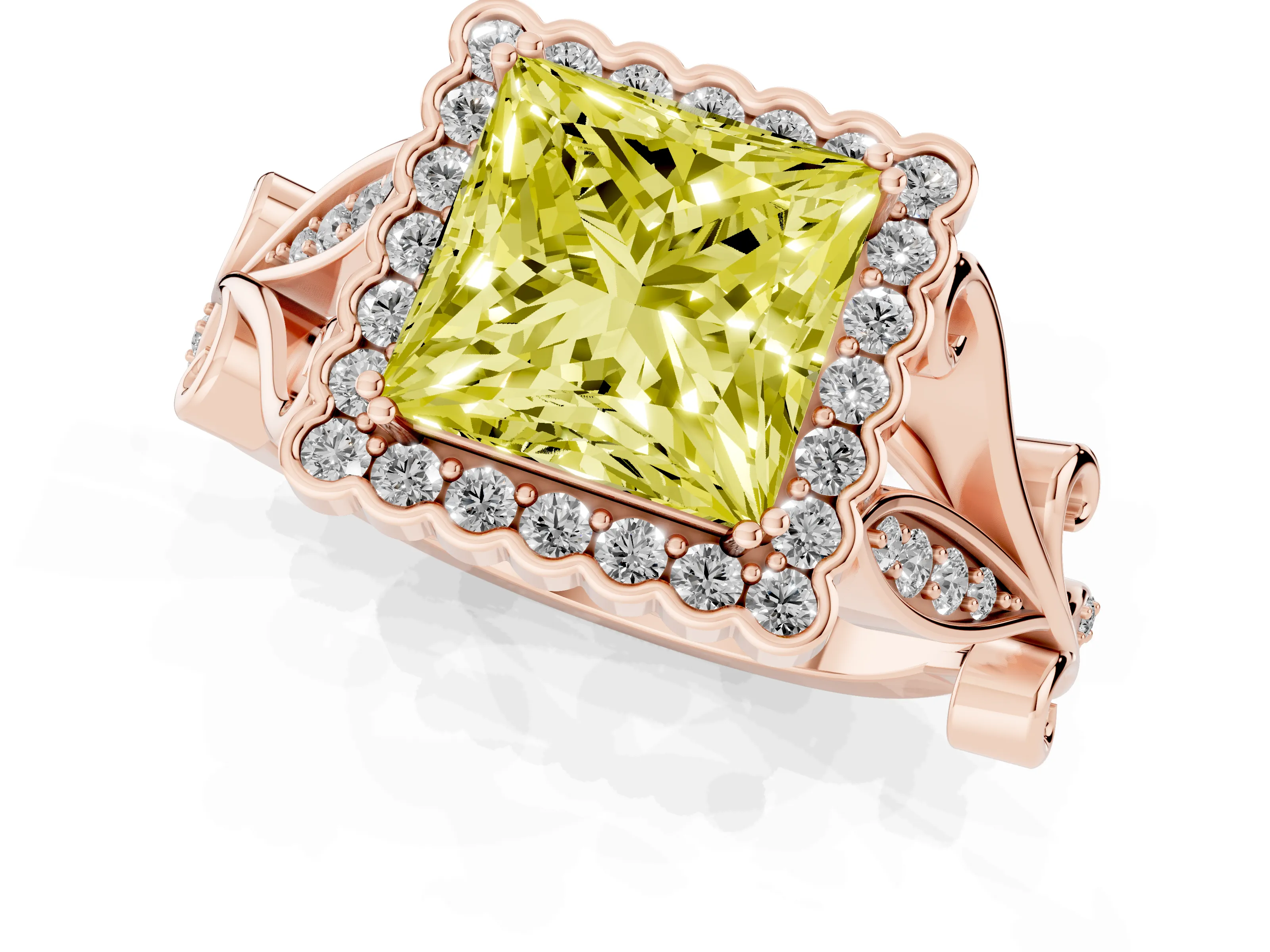 Fancy Yellow Princess Cut Diamond Halo Ring Set in Rose gold with Leaf Motif Split Shank and Prong Setting