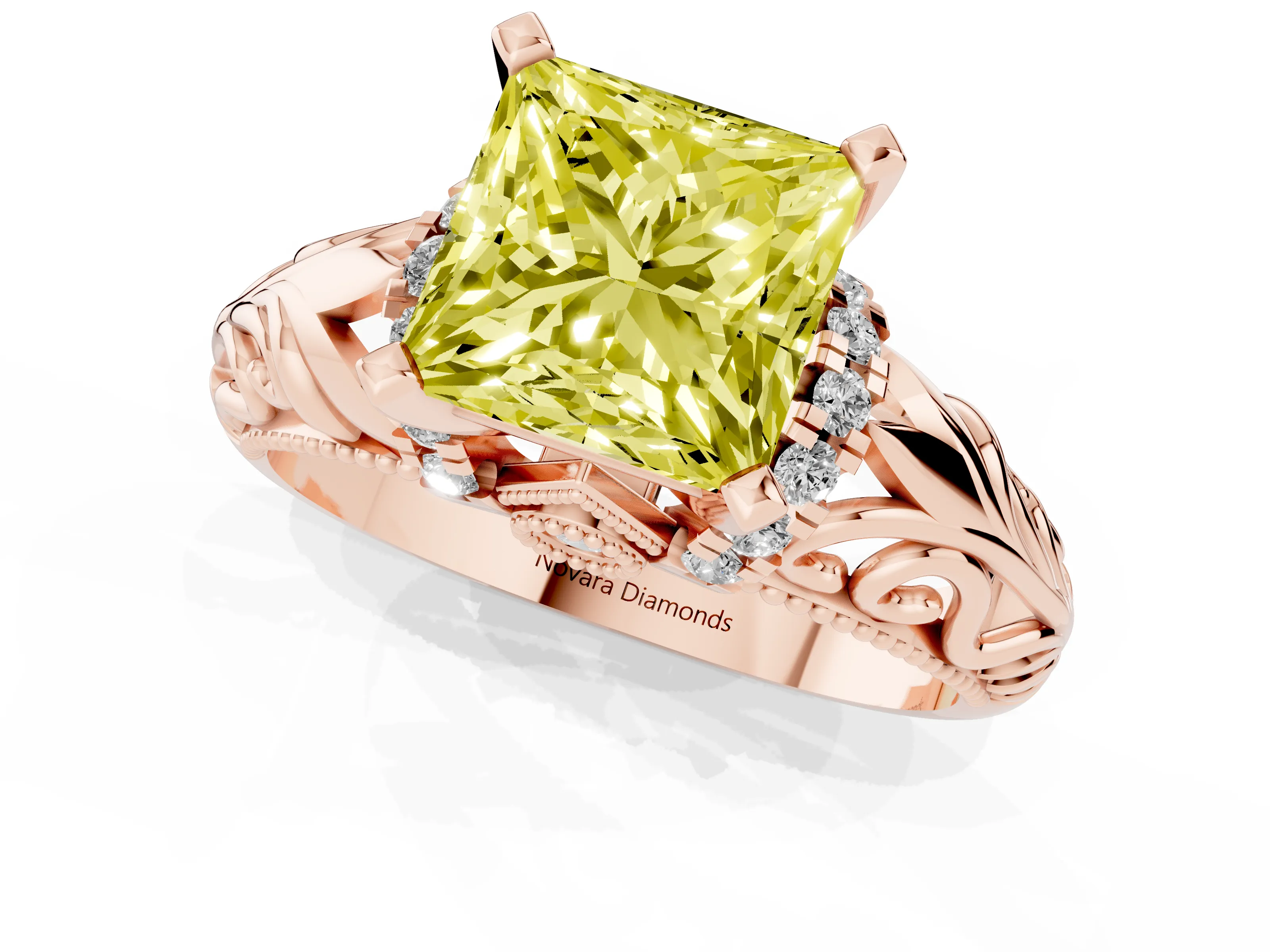 Fancy Yellow Princess Cut Diamond Filigree Halo Engagement Ring Set in Rose gold with Prong Setting