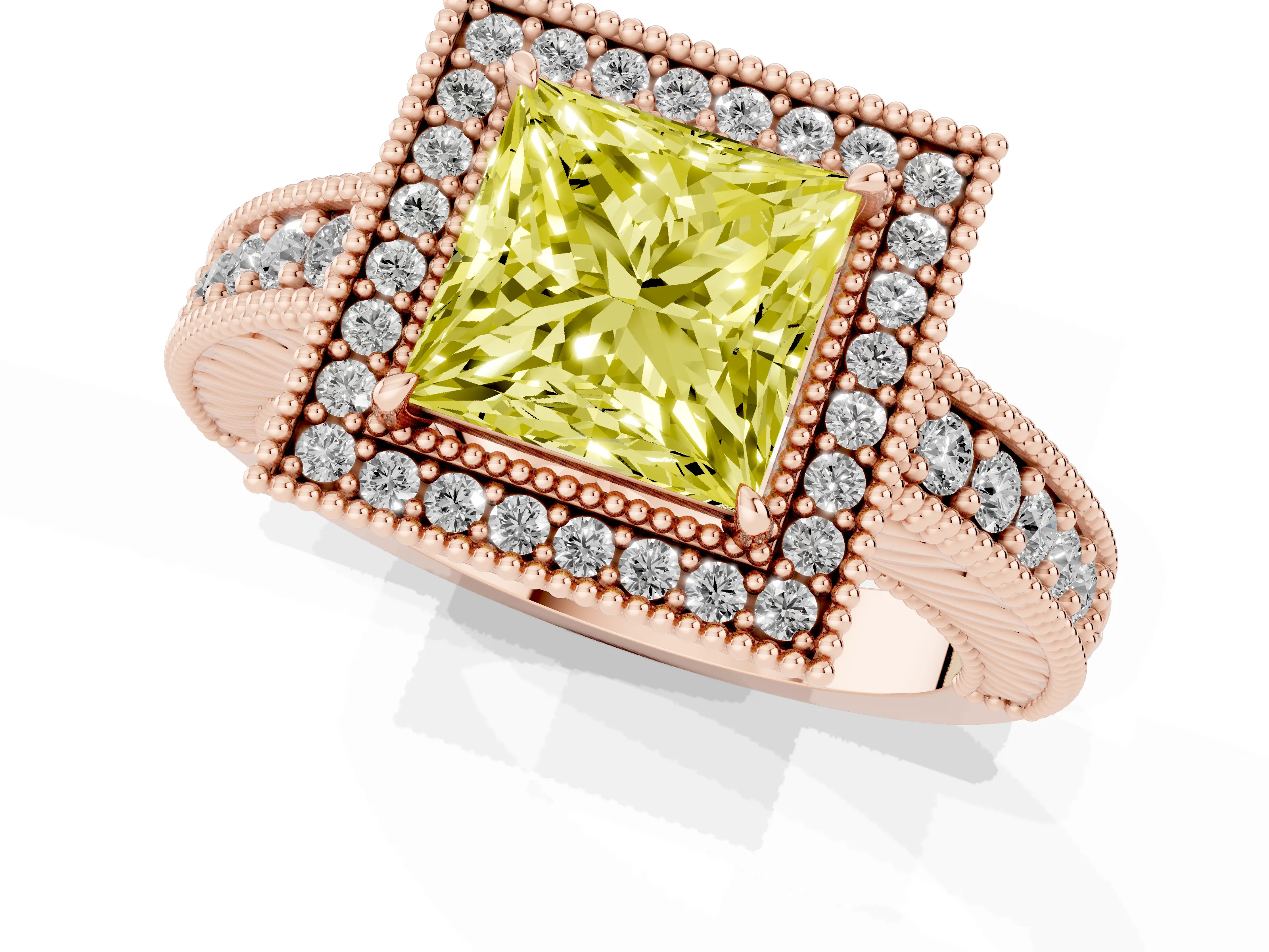 Fancy Yellow Princess Cut Diamond Halo Ring Set in Rose gold with Round Accent Halo, Pavé Band and Prong Setting