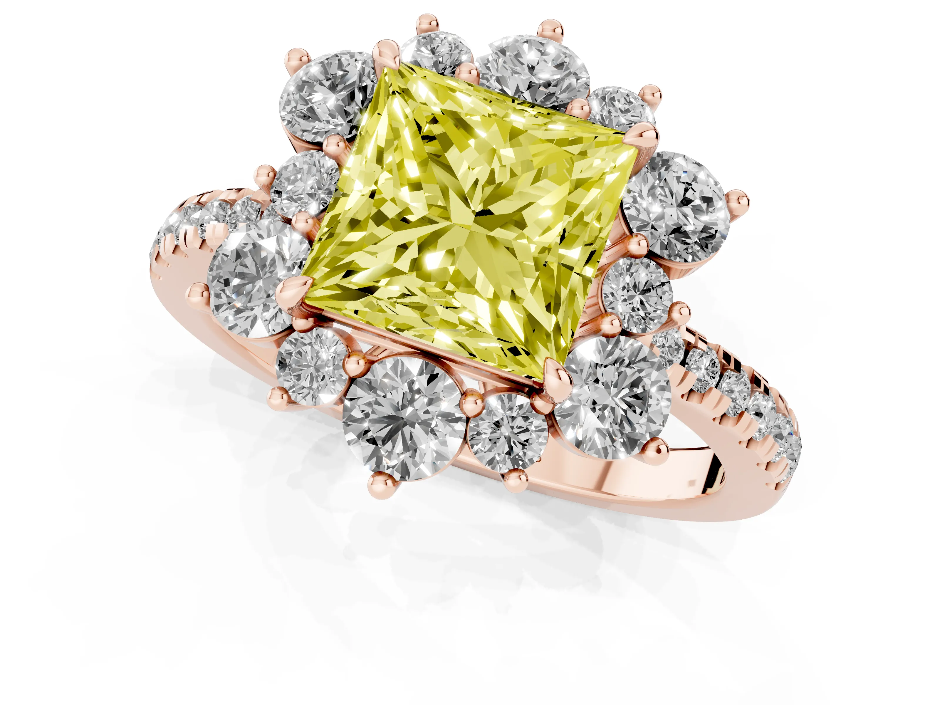 Fancy Yellow Princess Cut Diamond Floral Halo Ring Set in Rose gold with Round Pavé Band and Prong Setting