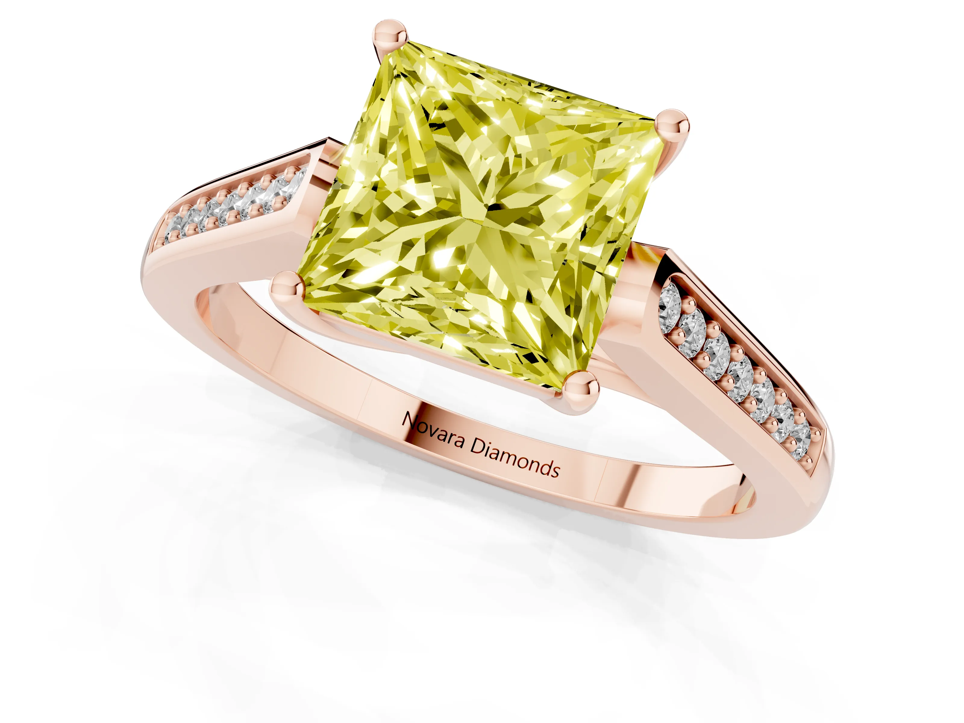 Fancy Yellow Princess Cut Diamond Solitaire Cathedral Engagement Ring Set in Rose gold with Channel-Set Band and Prong Setting