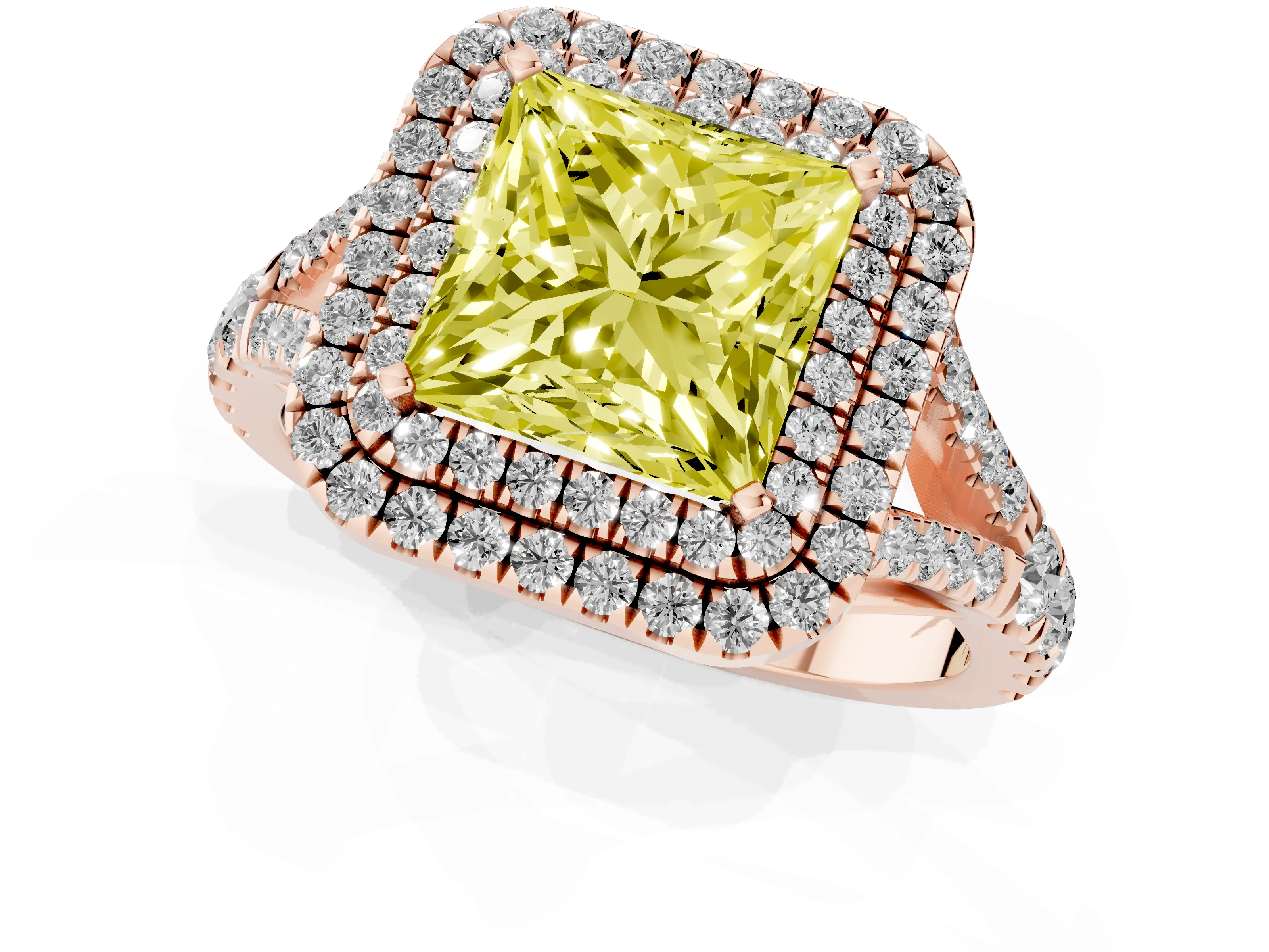 Fancy Yellow Princess Cut Diamond Pavé Split Shank Double Halo Engagement Ring Set in Rose gold