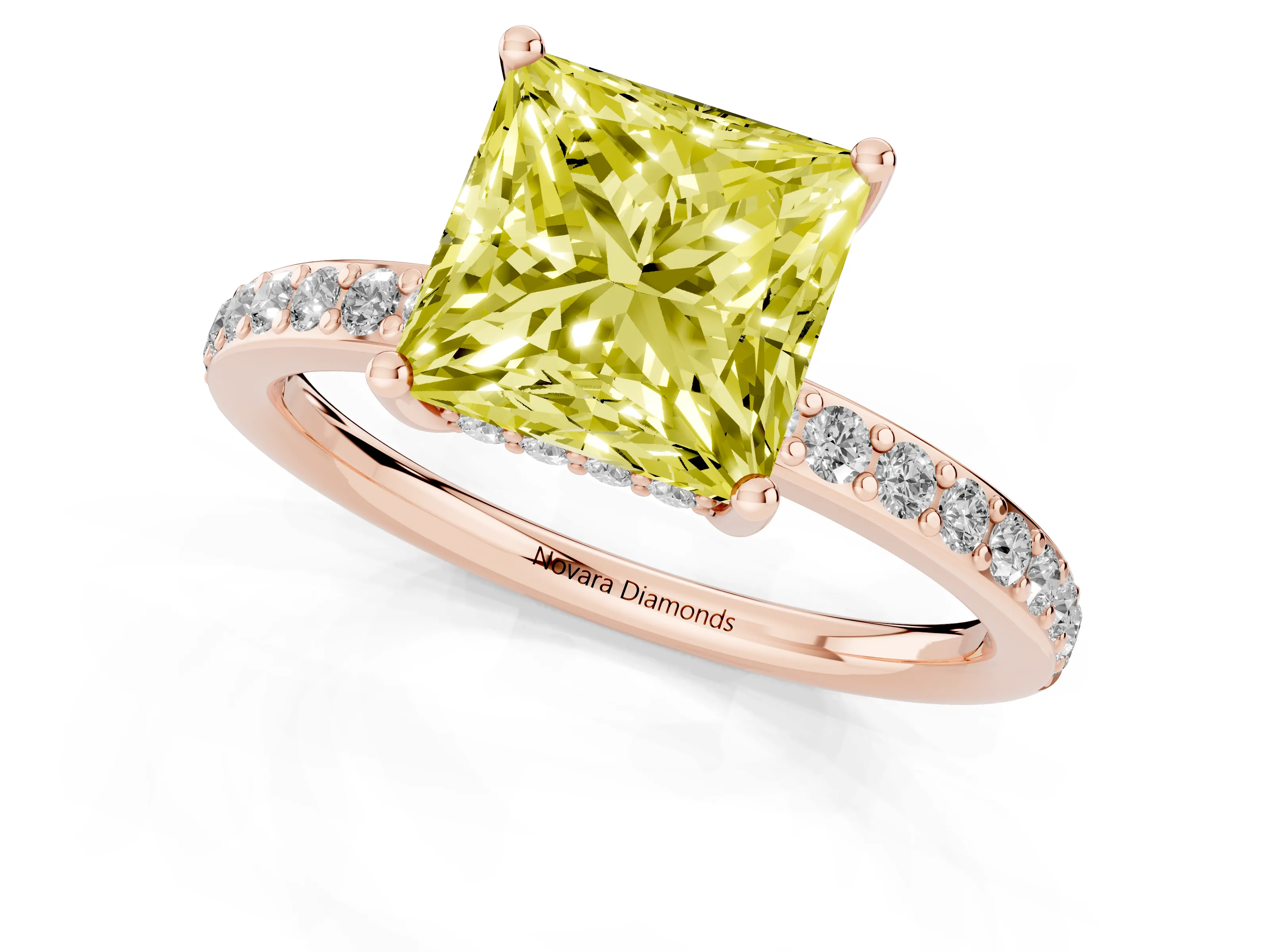 Fancy Yellow Princess Cut Diamond Pavé Band Ring Set in Rose gold with Prong-Set Center Stone