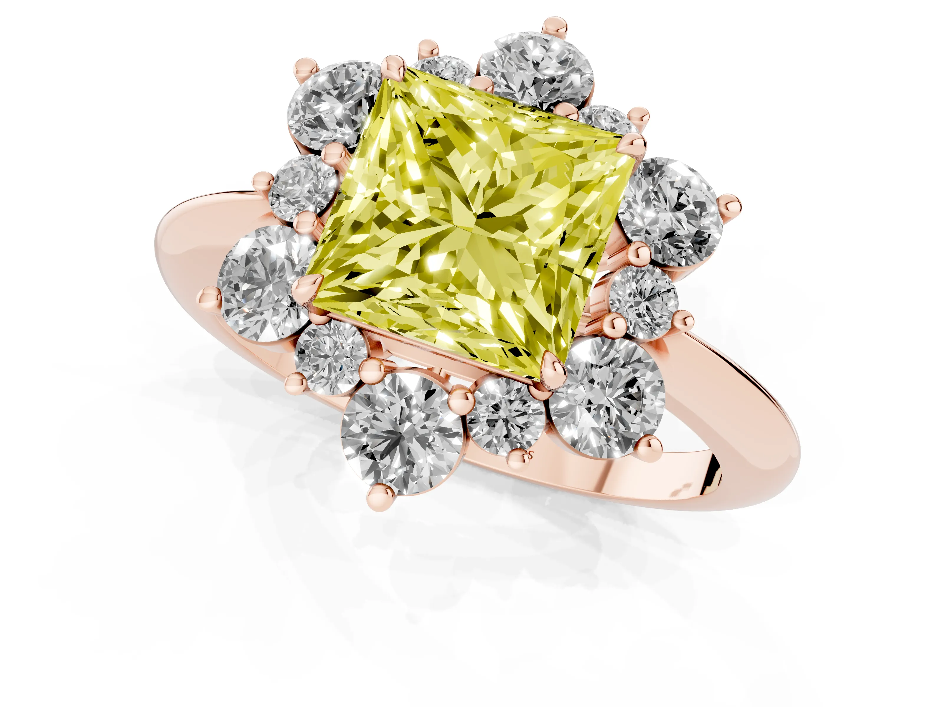 Fancy Yellow Princess Cut Diamond Cluster Halo Ring Set in Rose gold with Solitaire Band and Prong Setting