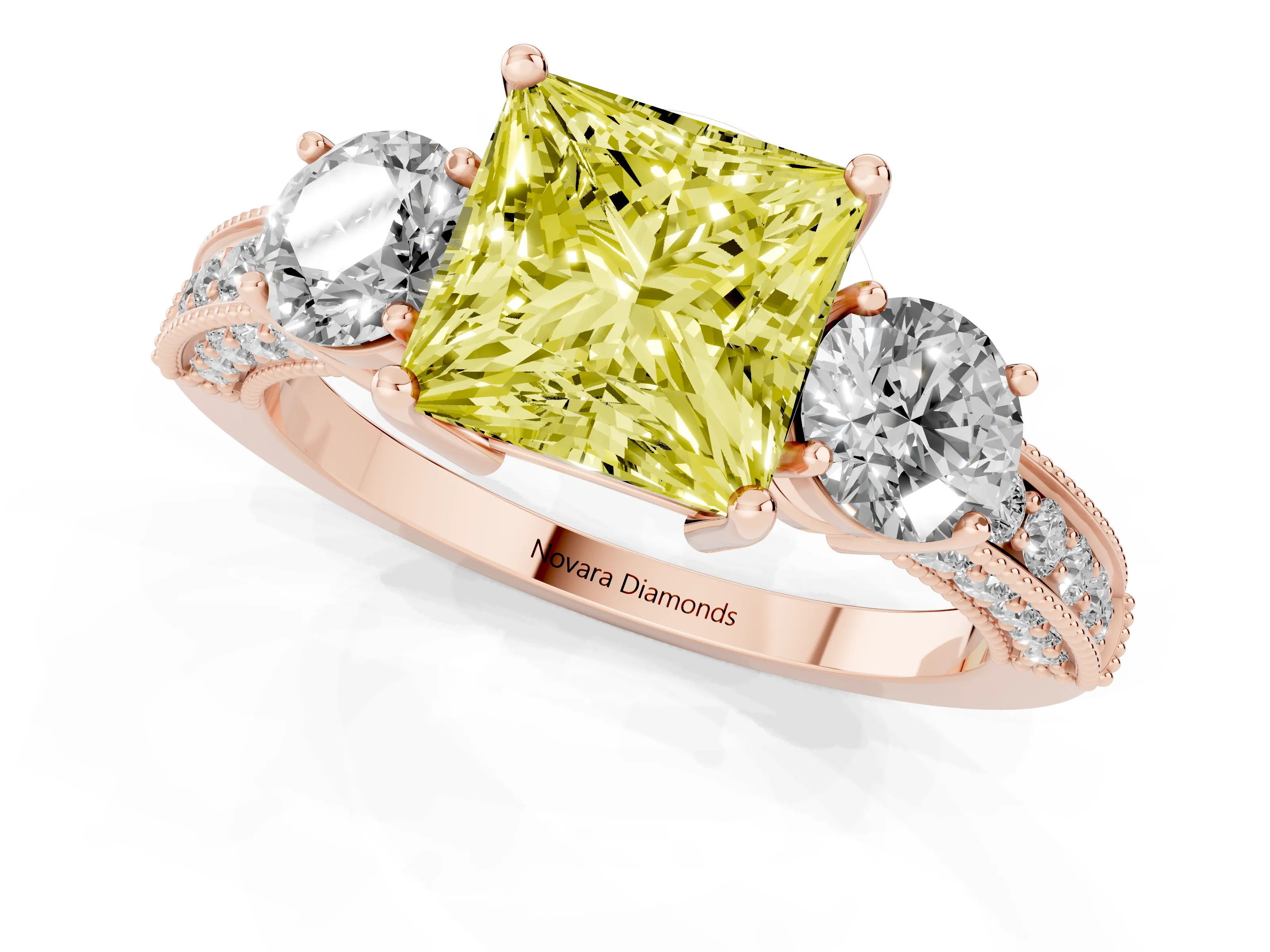Fancy Yellow Princess Cut Diamond Three-Stone Ring Set in Rose gold with Round Side Stones and Pavé Band