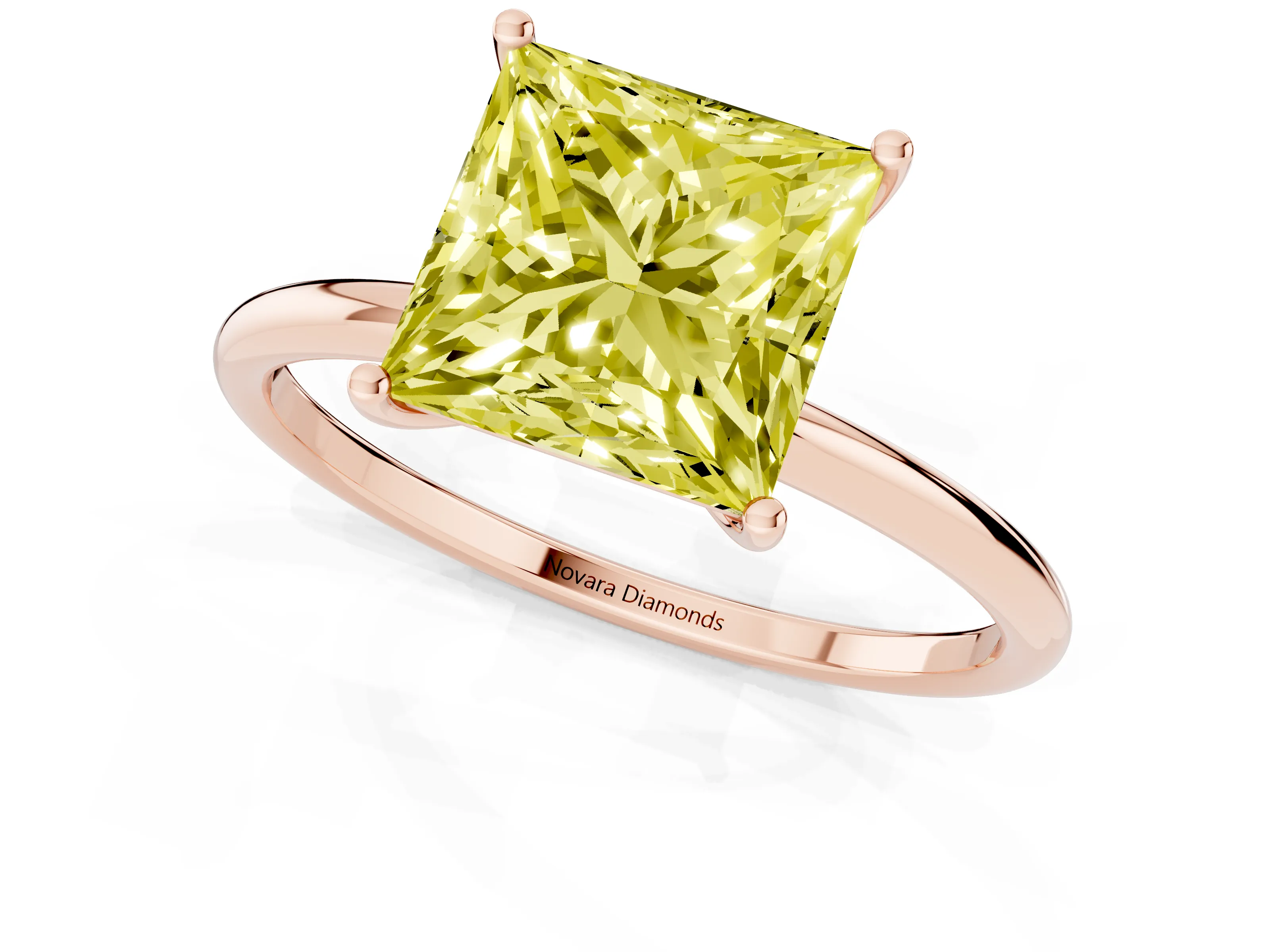 Fancy Yellow Princess Cut Diamond Solitaire Engagement Ring Set in Rose gold with Thin Band and Prong Setting