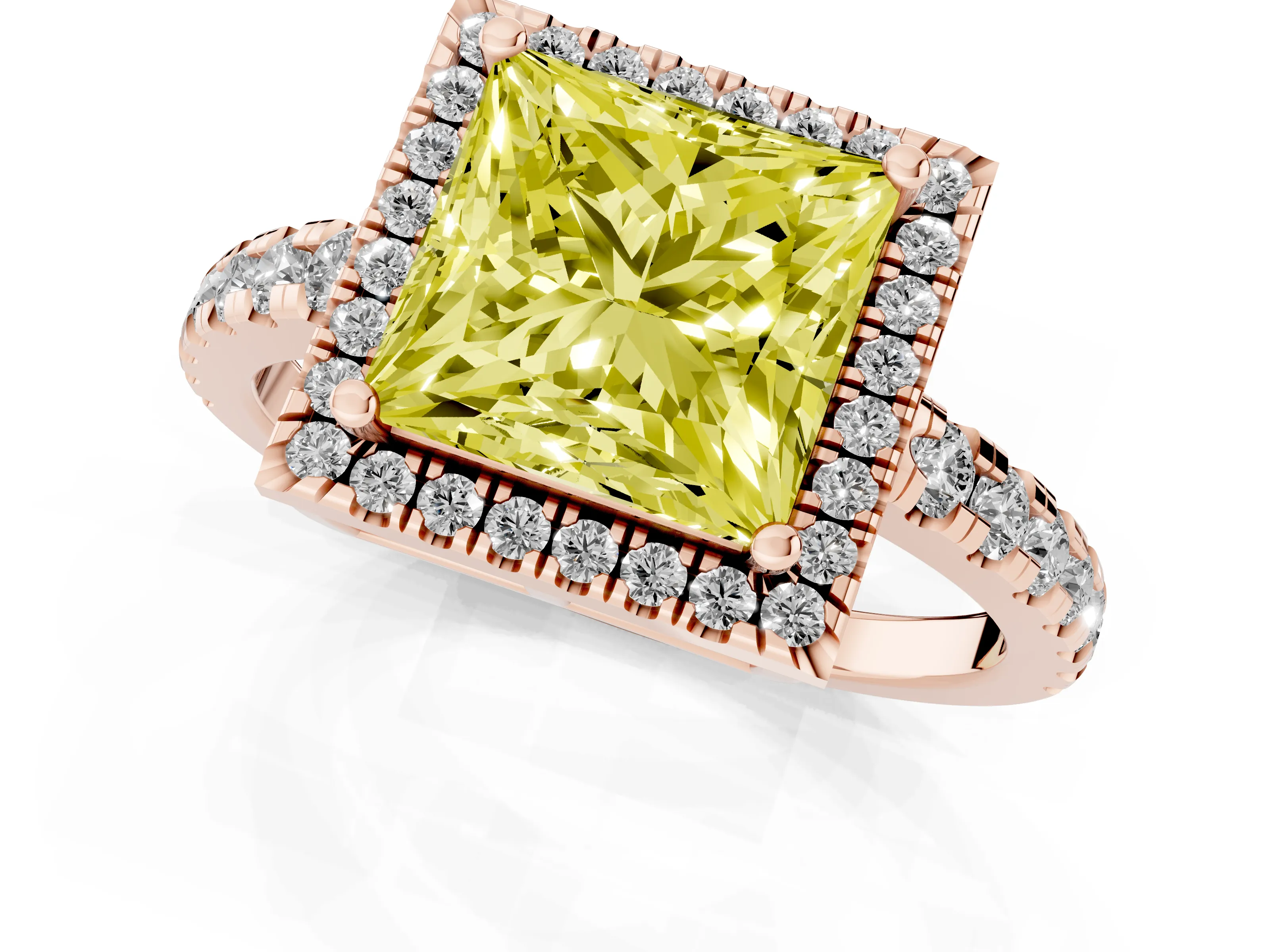 Fancy Yellow Princess Cut Diamond Halo Ring Set in Rose gold with Delicate Pavé Band and Prong Setting