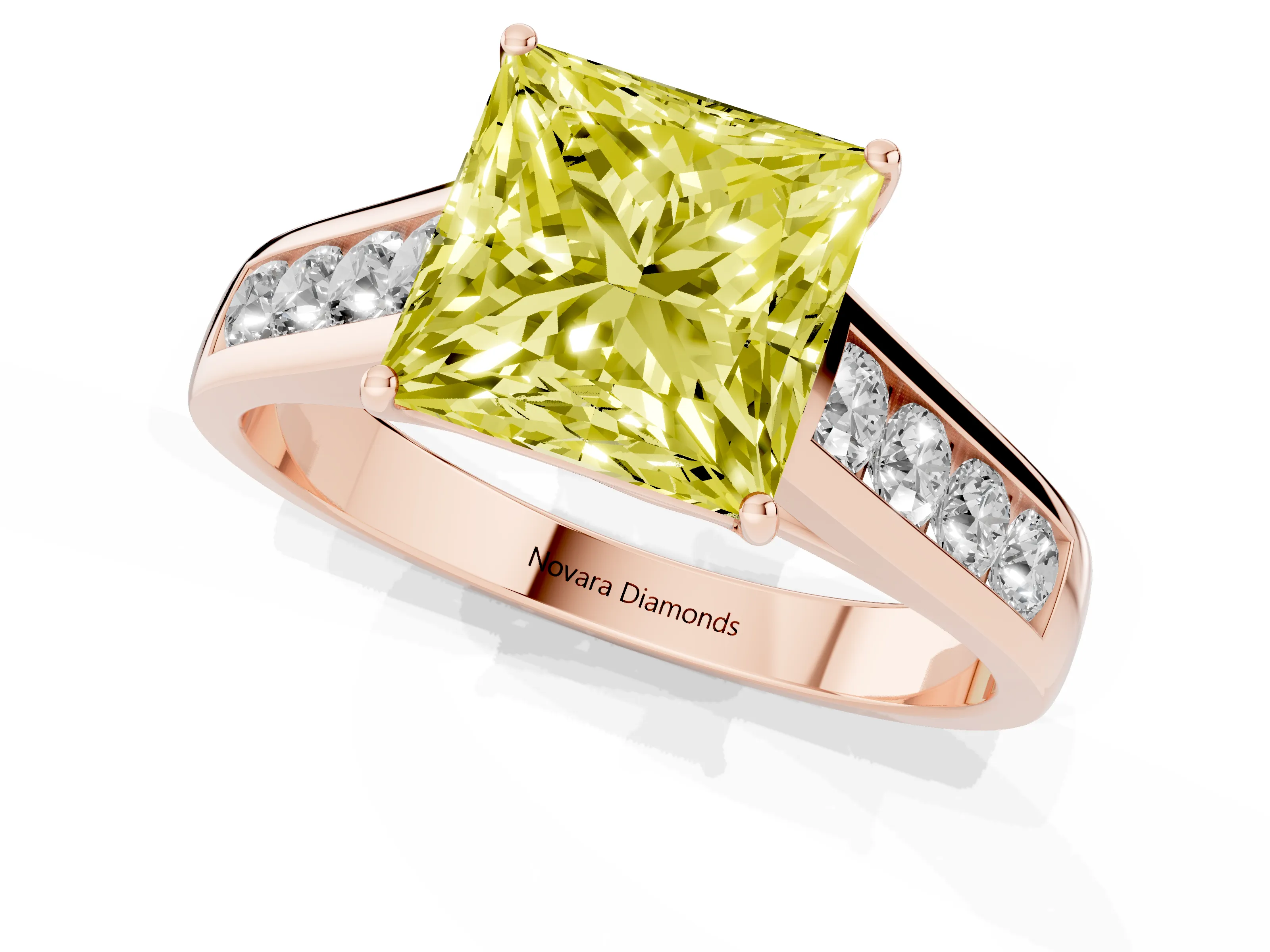 Fancy Yellow Princess Cut Diamond Solitaire Channel-Set Engagement Ring Set in Rose gold with Prong Setting