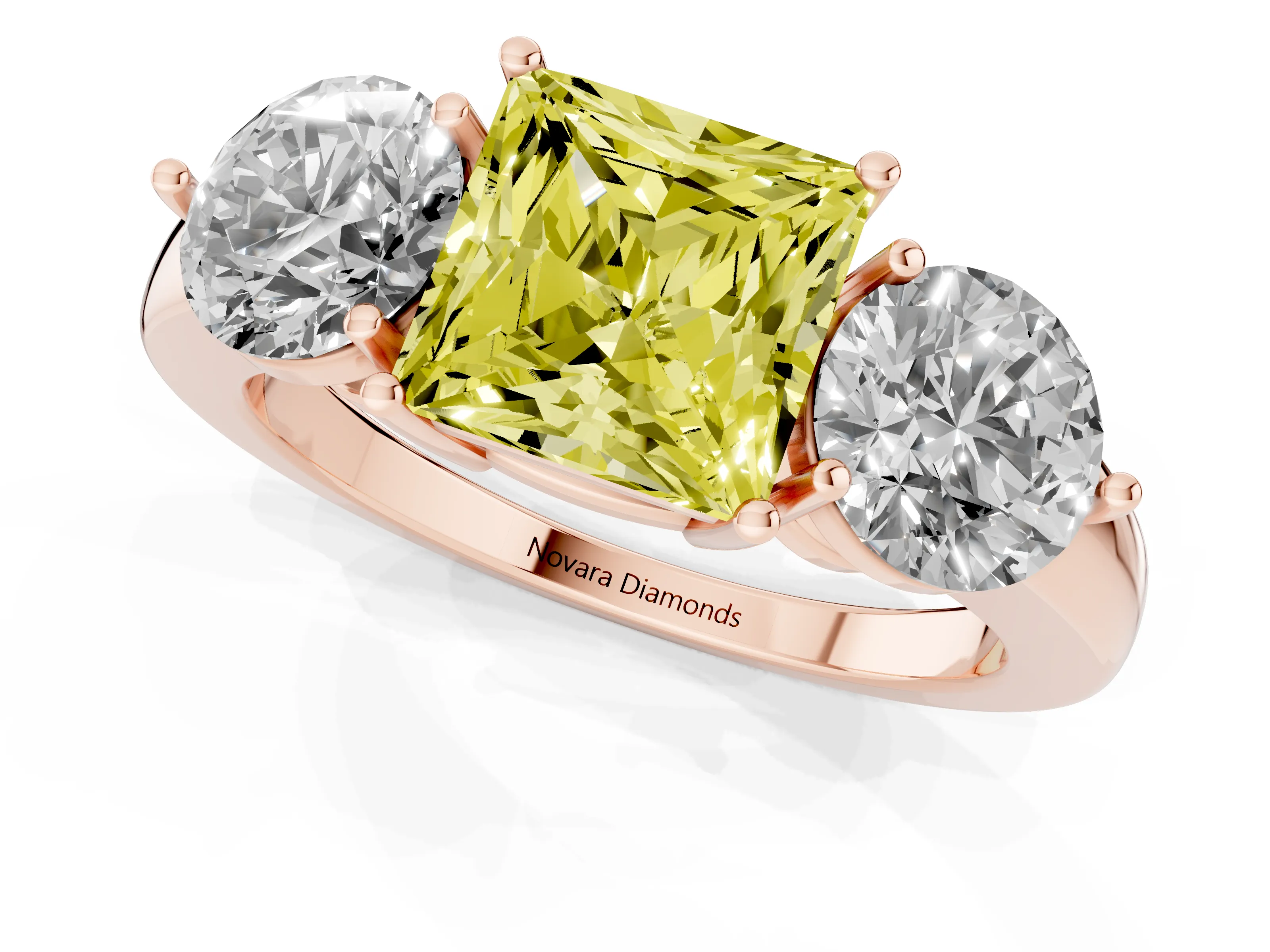 Fancy Yellow Princess Cut Diamond Three-Stone Ring Set in Rose gold with Prong Setting and Plain Band
