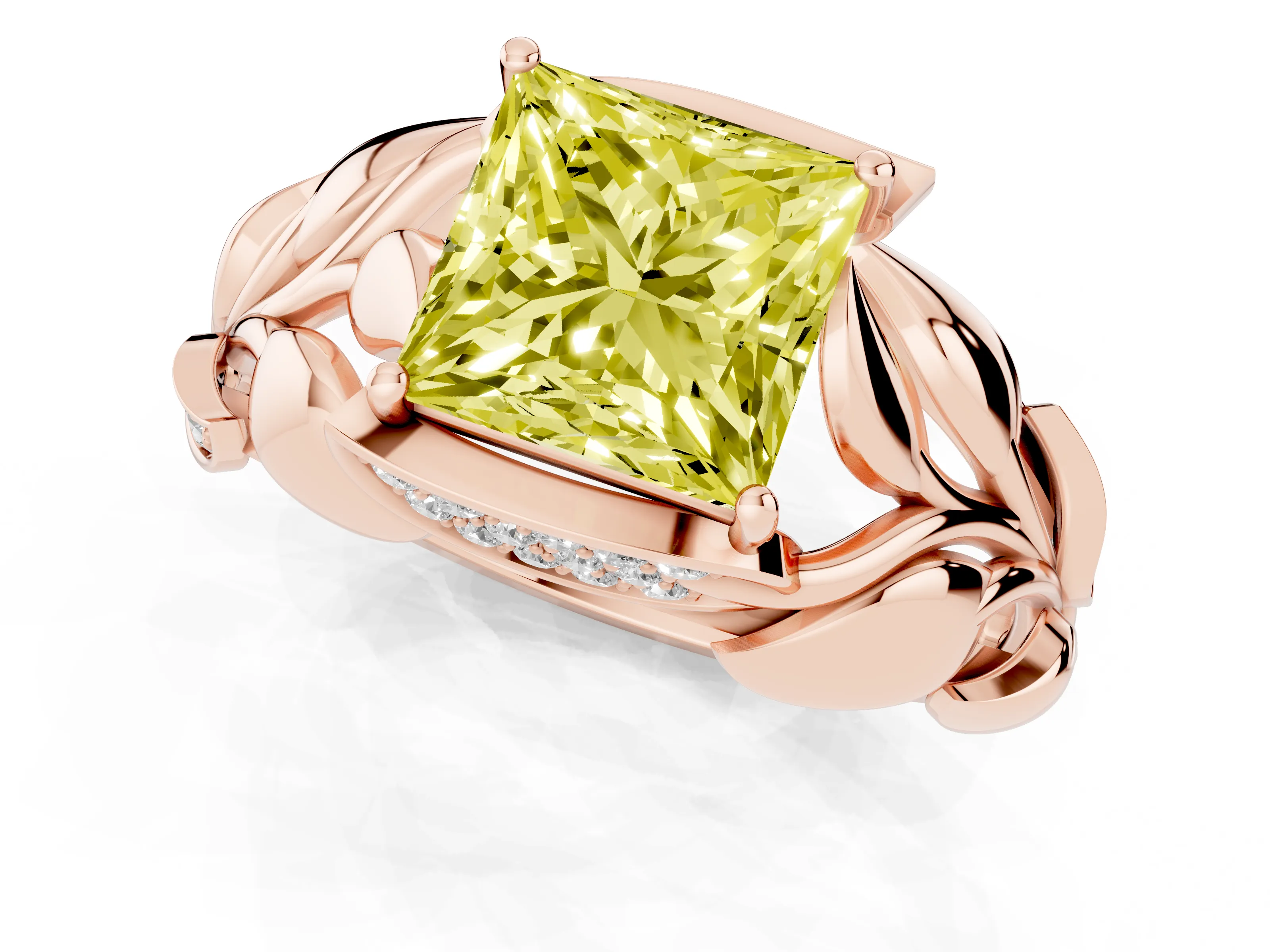 Fancy Yellow Princess Cut Diamond Leaf-Inspired Engagement Ring Set in Rose gold with Round Accents
