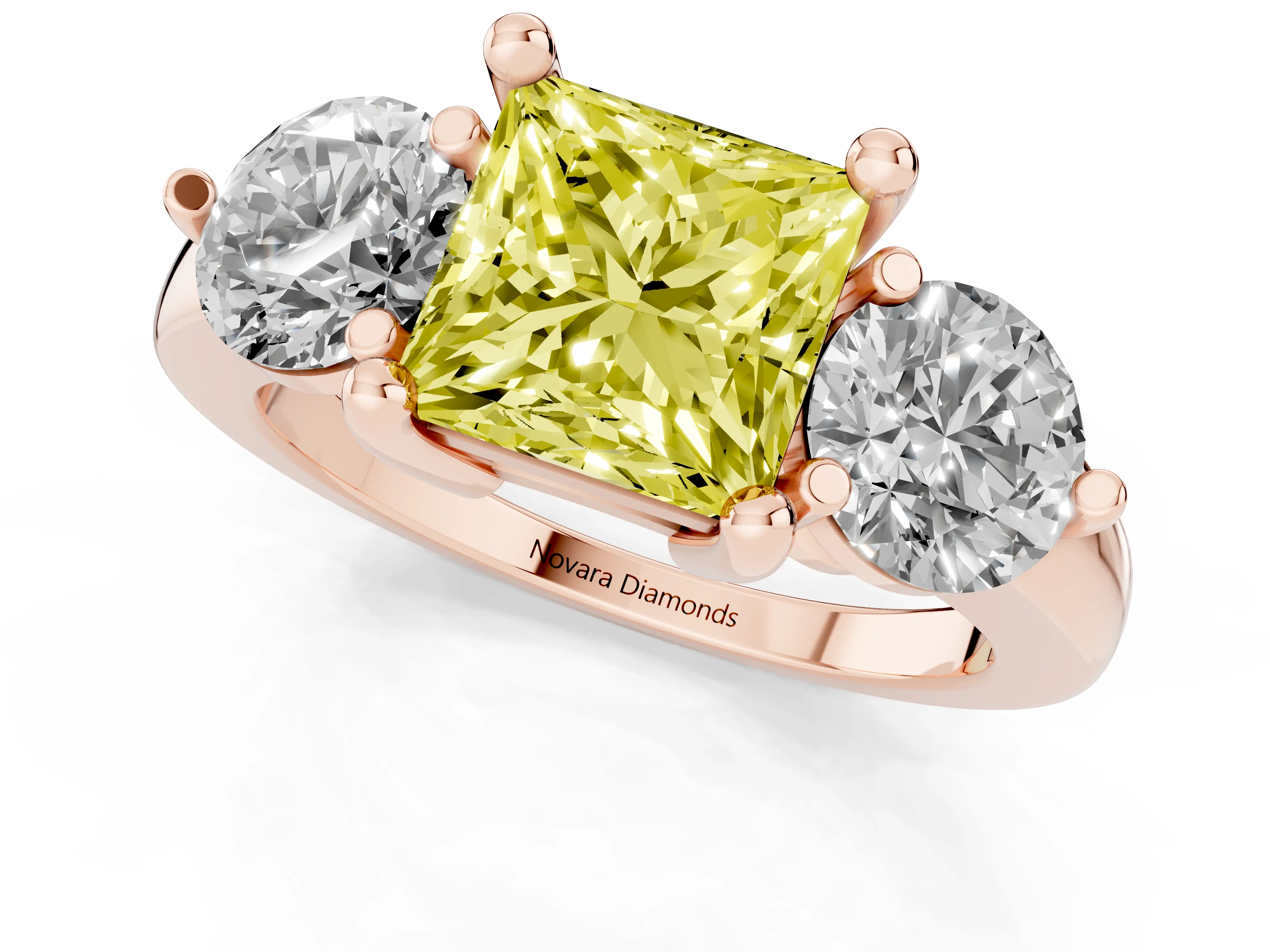 Fancy Yellow Princess Cut Diamond Three-Stone Ring Set in Rose gold with Prong Setting and Classic Band