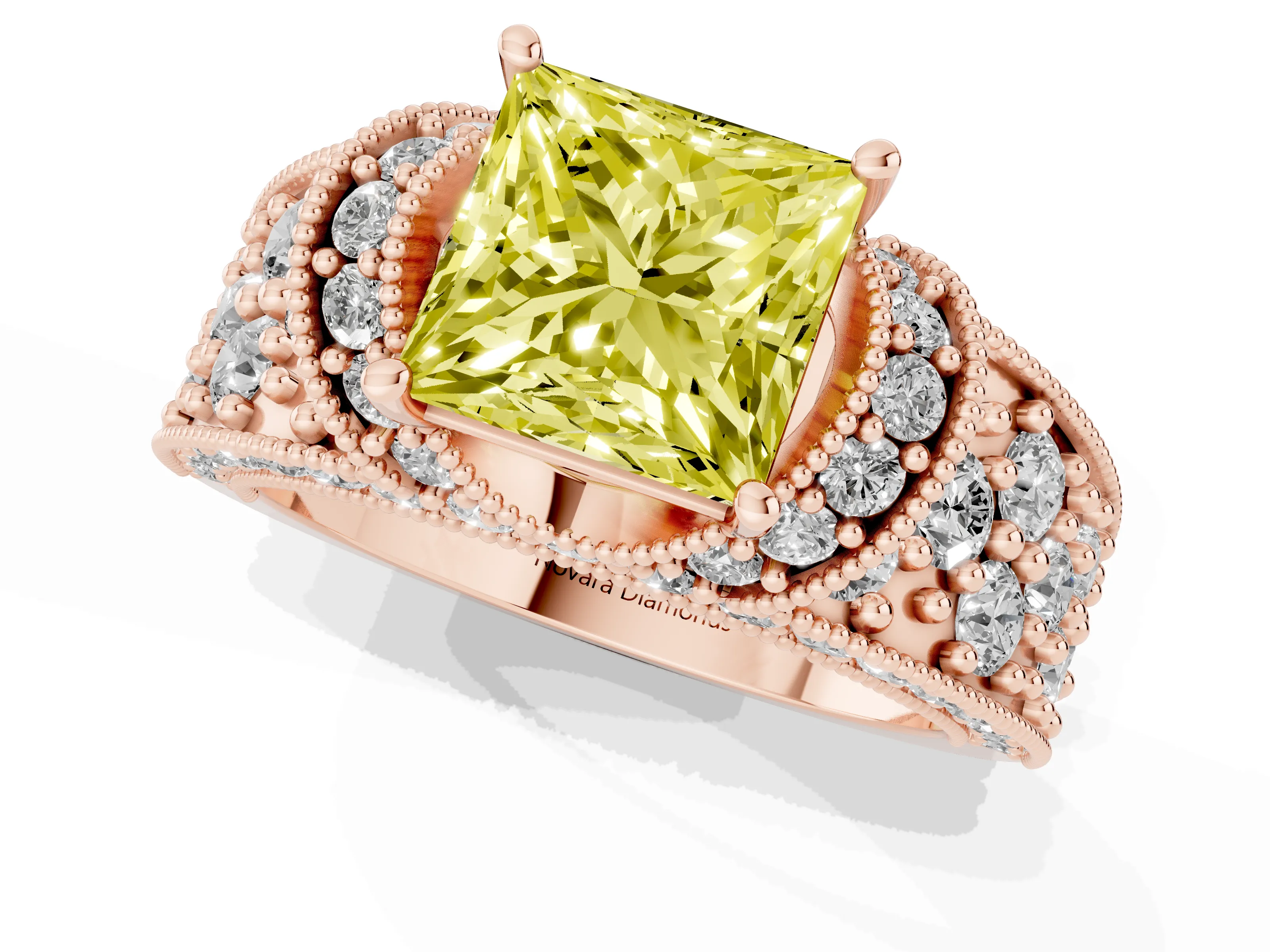 Fancy Yellow Princess Cut Diamond Milgrain Halo Pavé Engagement Ring Set in Rose gold with Prong Setting