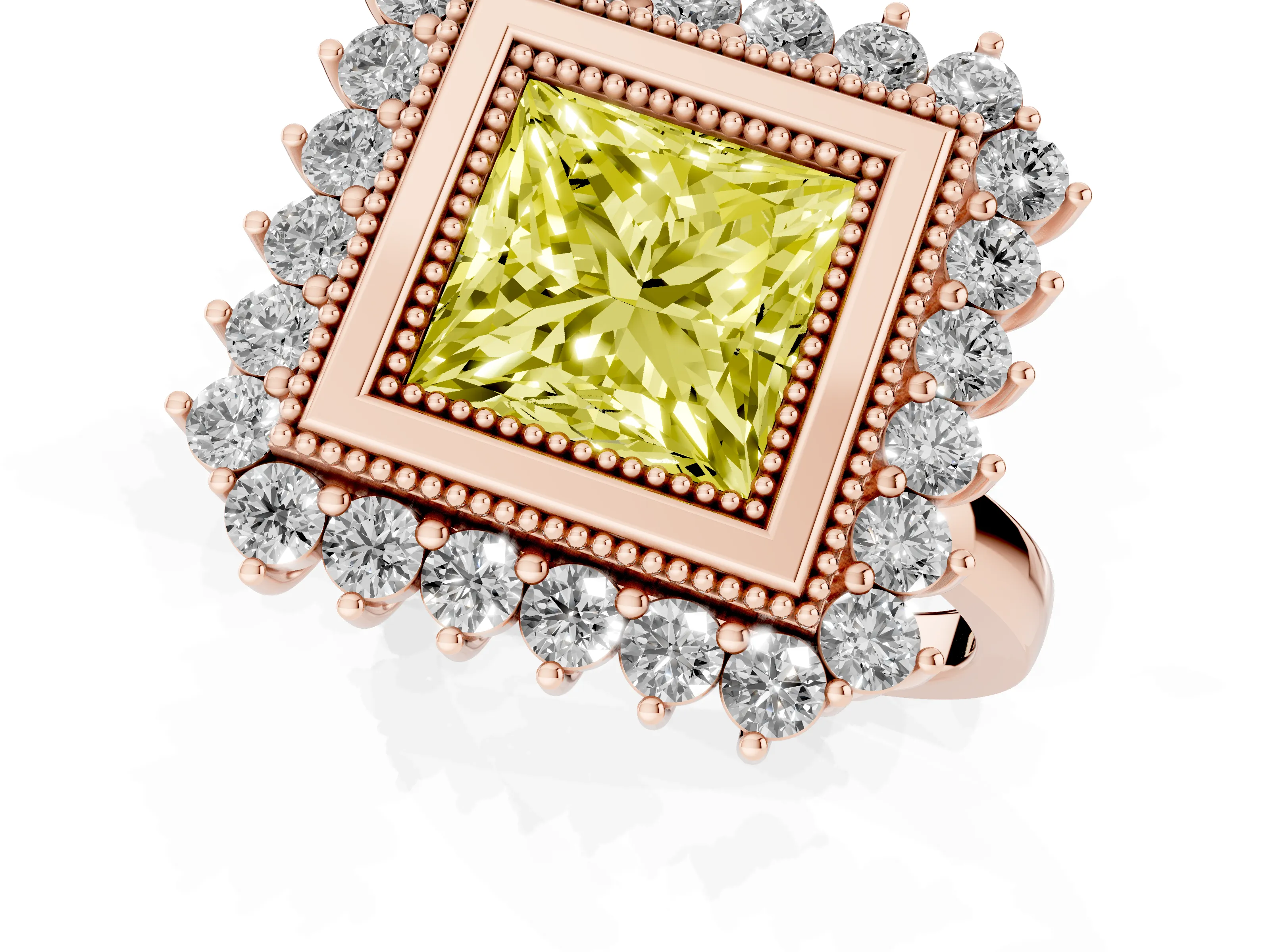Fancy Yellow Princess Cut Diamond Halo Ring Set in Rose gold with Milgrain Edge and Round Prong Setting