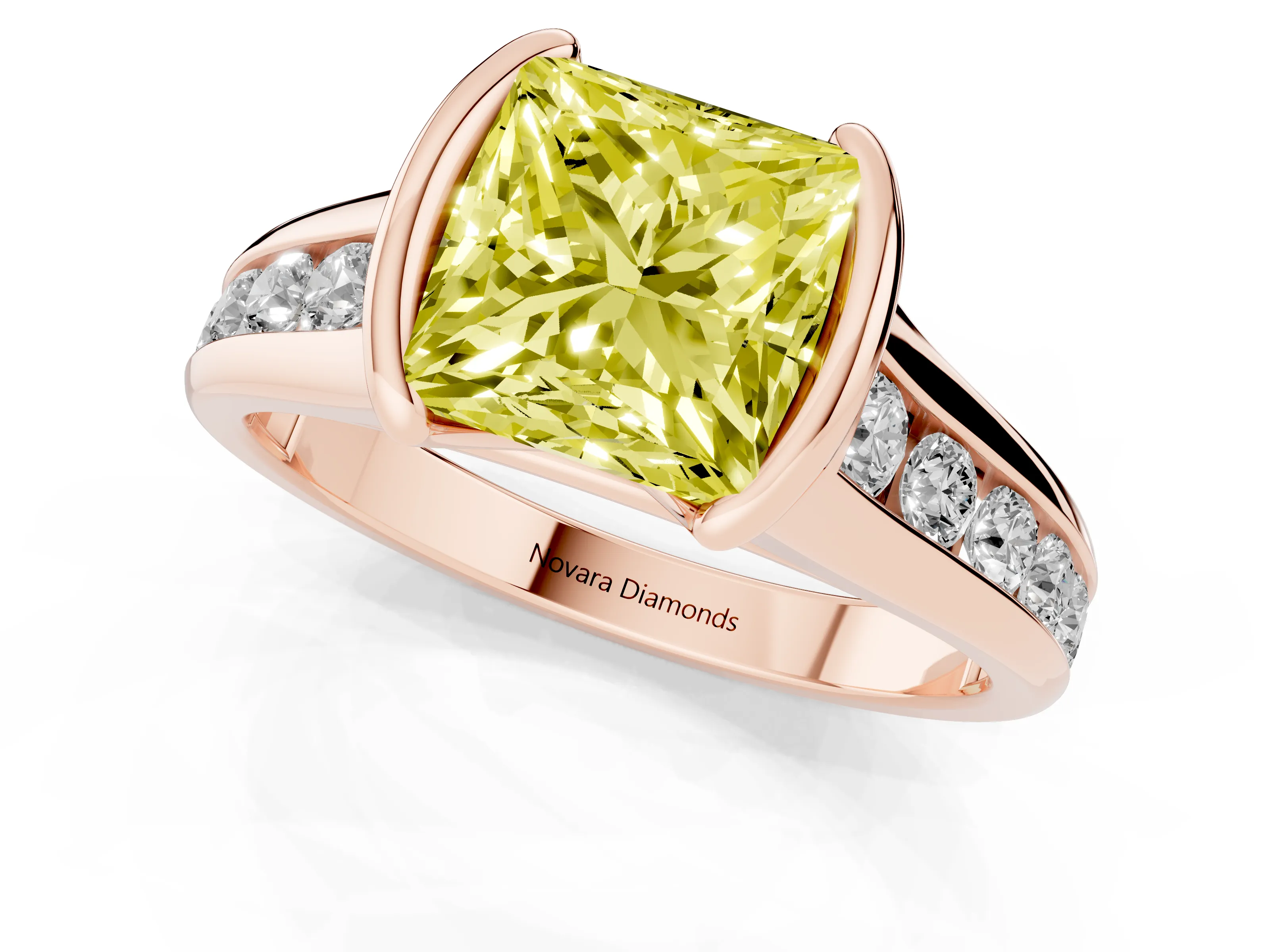 Fancy Yellow Princess Cut Diamond Bezel-Set Solitaire Ring Set in Rose gold with Channel-Set Band