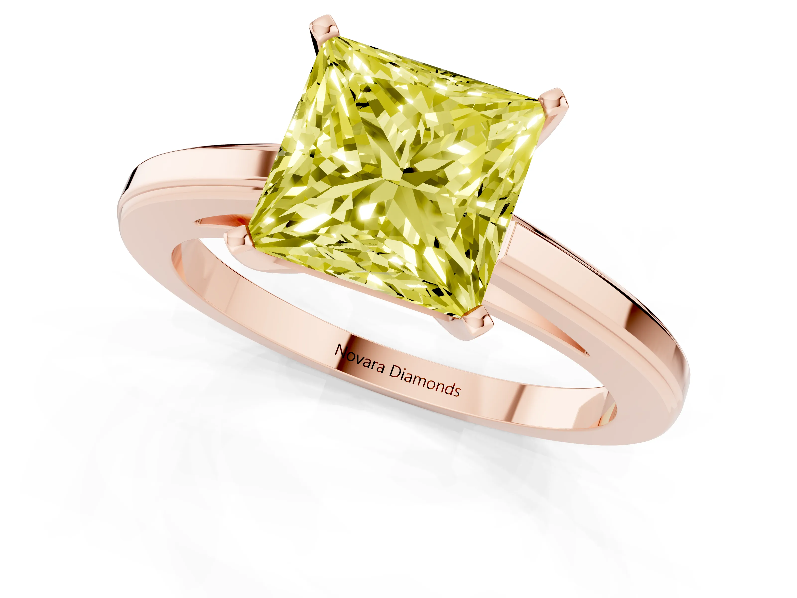 Fancy Yellow Princess Cut Diamond Solitaire Ring Set in Rose gold with Prong Setting and Classic Band