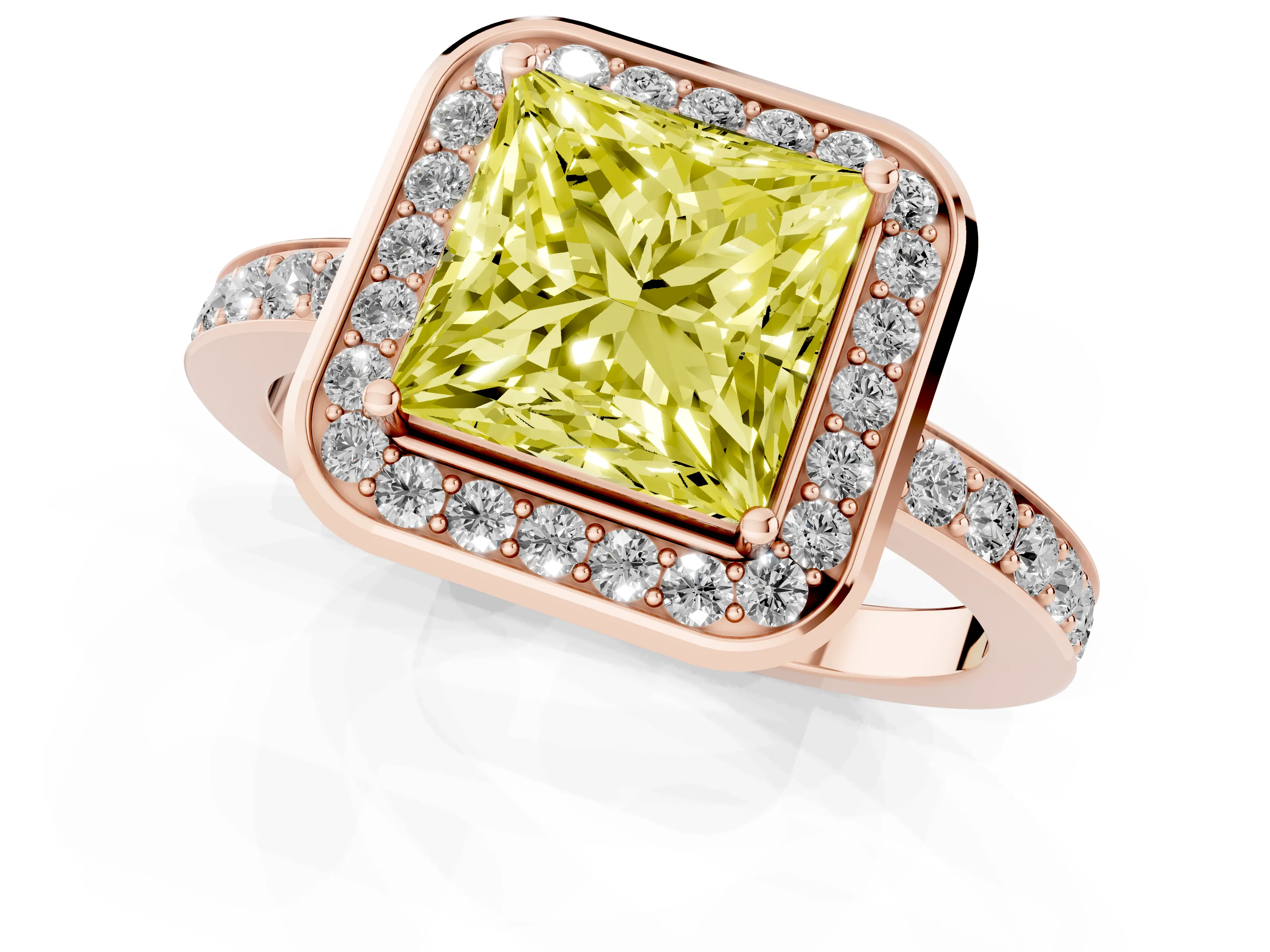 Fancy Yellow Princess Cut Diamond Halo Ring Set in Rose gold with Bezel Frame and Pavé Band
