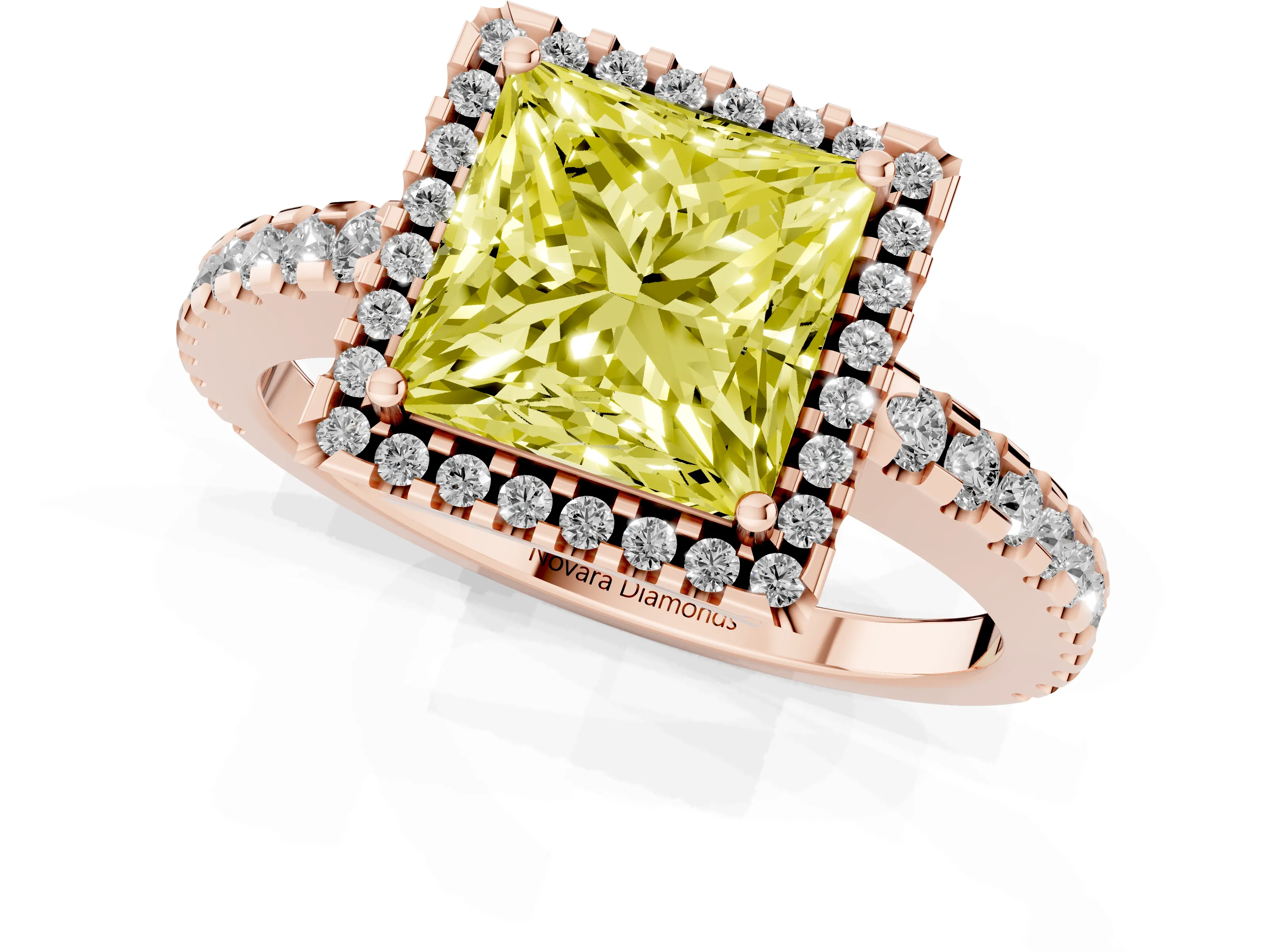 Fancy Yellow Princess Cut Diamond Halo Ring Set in Rose gold with Pavé Shoulders and Halo-Framed Center