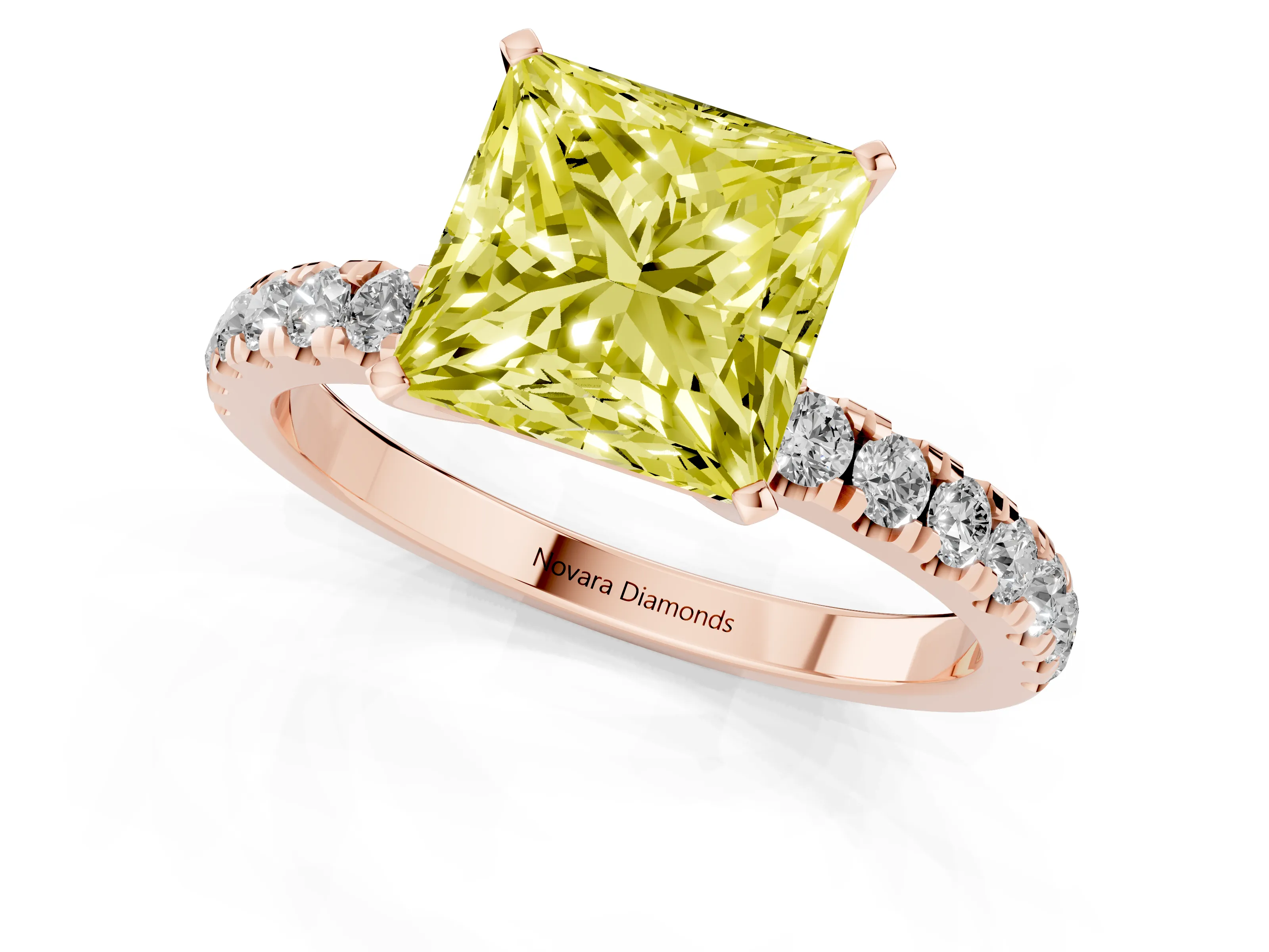 Fancy Yellow Princess Cut Diamond Solitaire Ring Set in Rose gold with Pavé Accents and Prong Setting